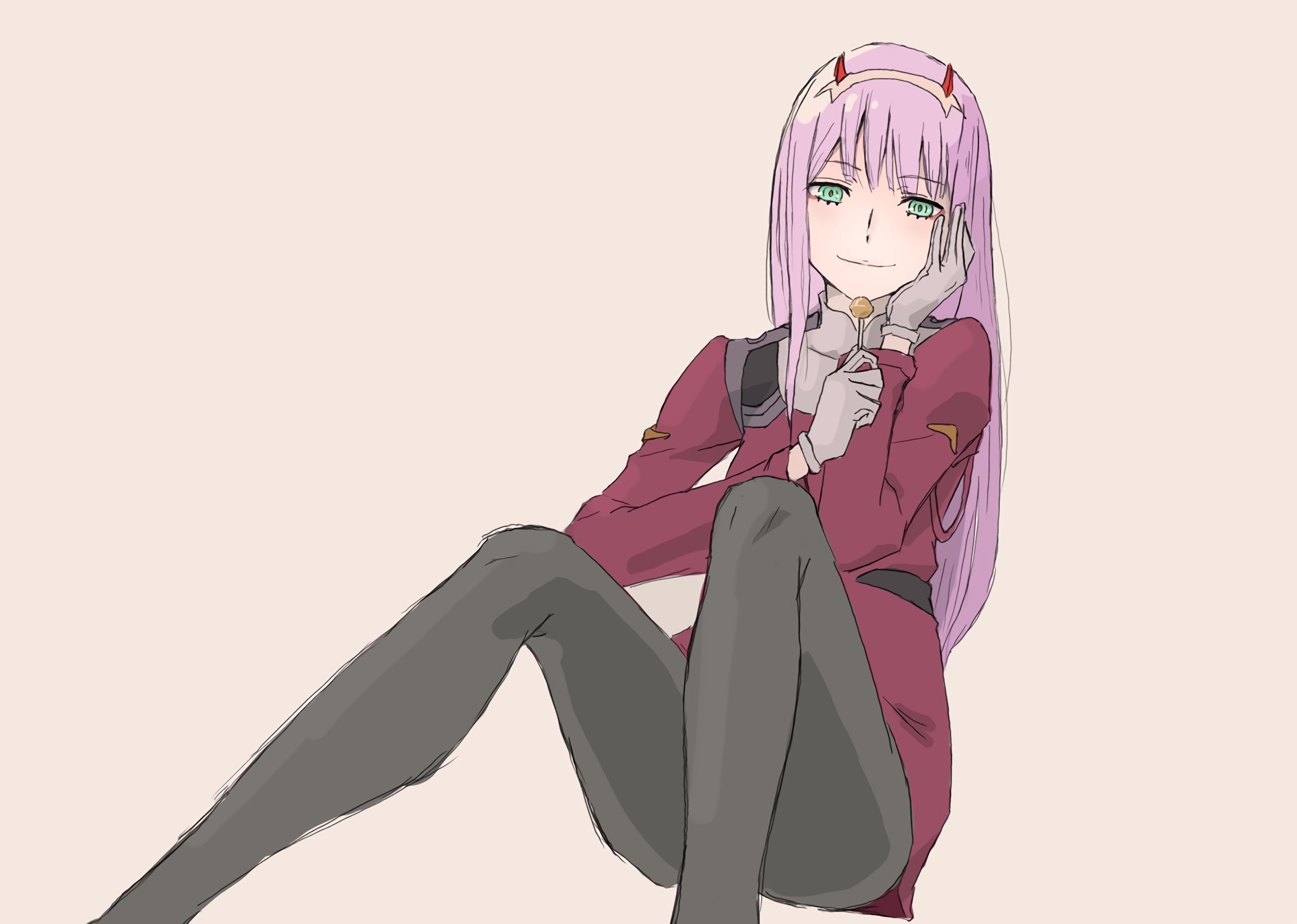 anime, darling in the franxx, blush, glove, green eyes, horns, lollipop, long hair, pink hair, smile, zero two (darling in the franxx)