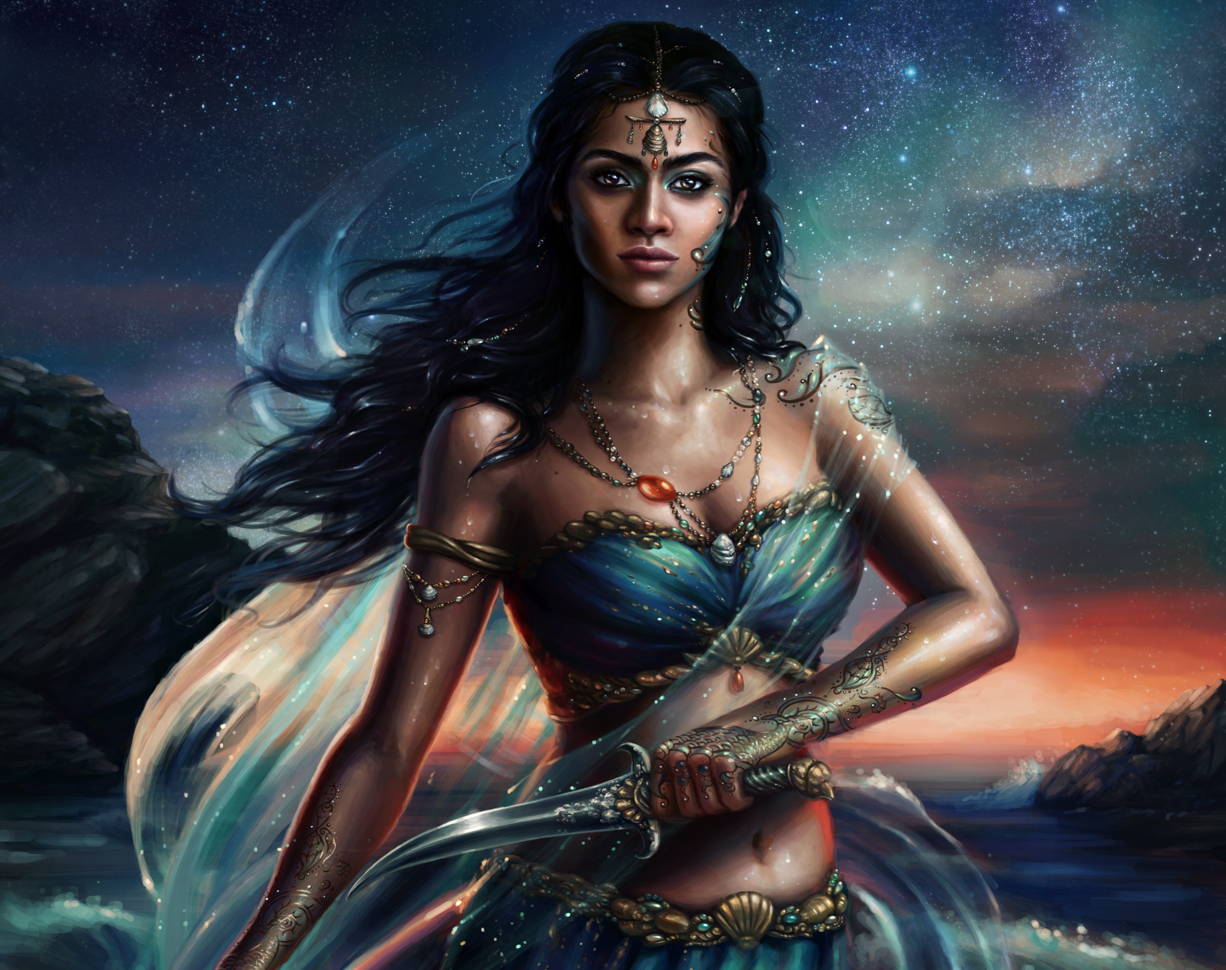women warrior, fantasy, black hair, dagger, night, stars, woman warrior