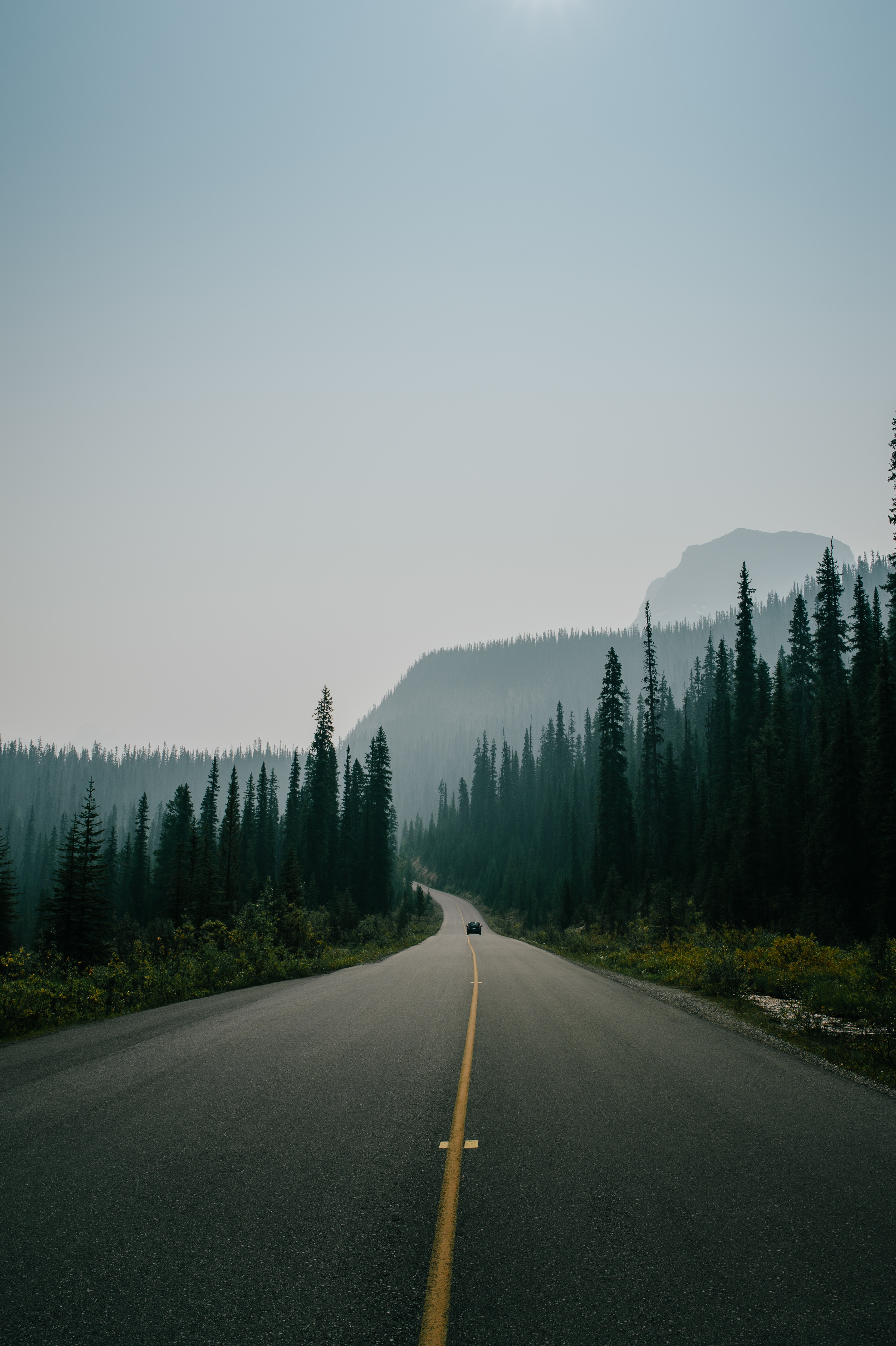 mountains, road, nature, markup, fog, traffic, movement iphone wallpaper