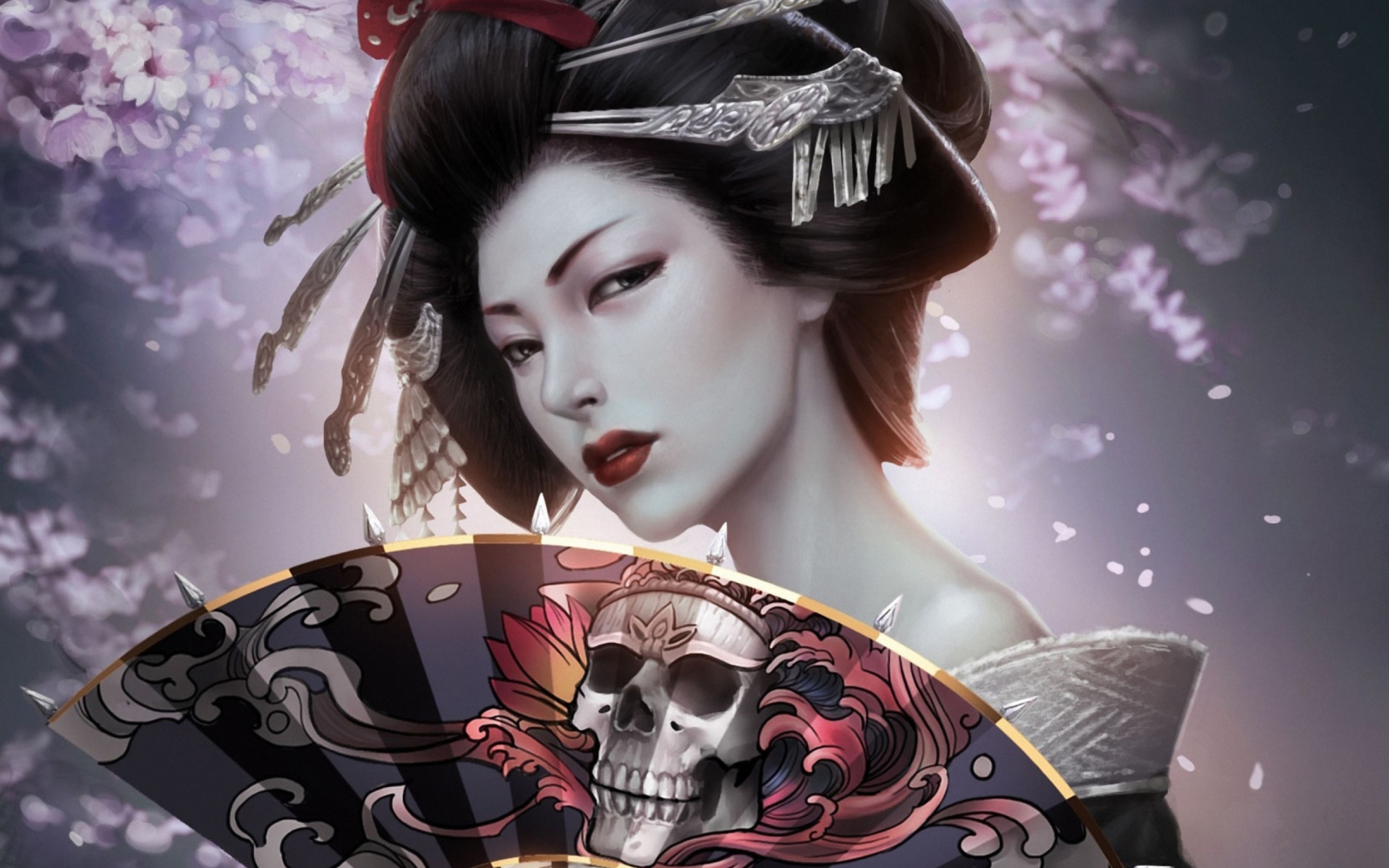 geisha, fantasy, fan, gothic, kimono, skull