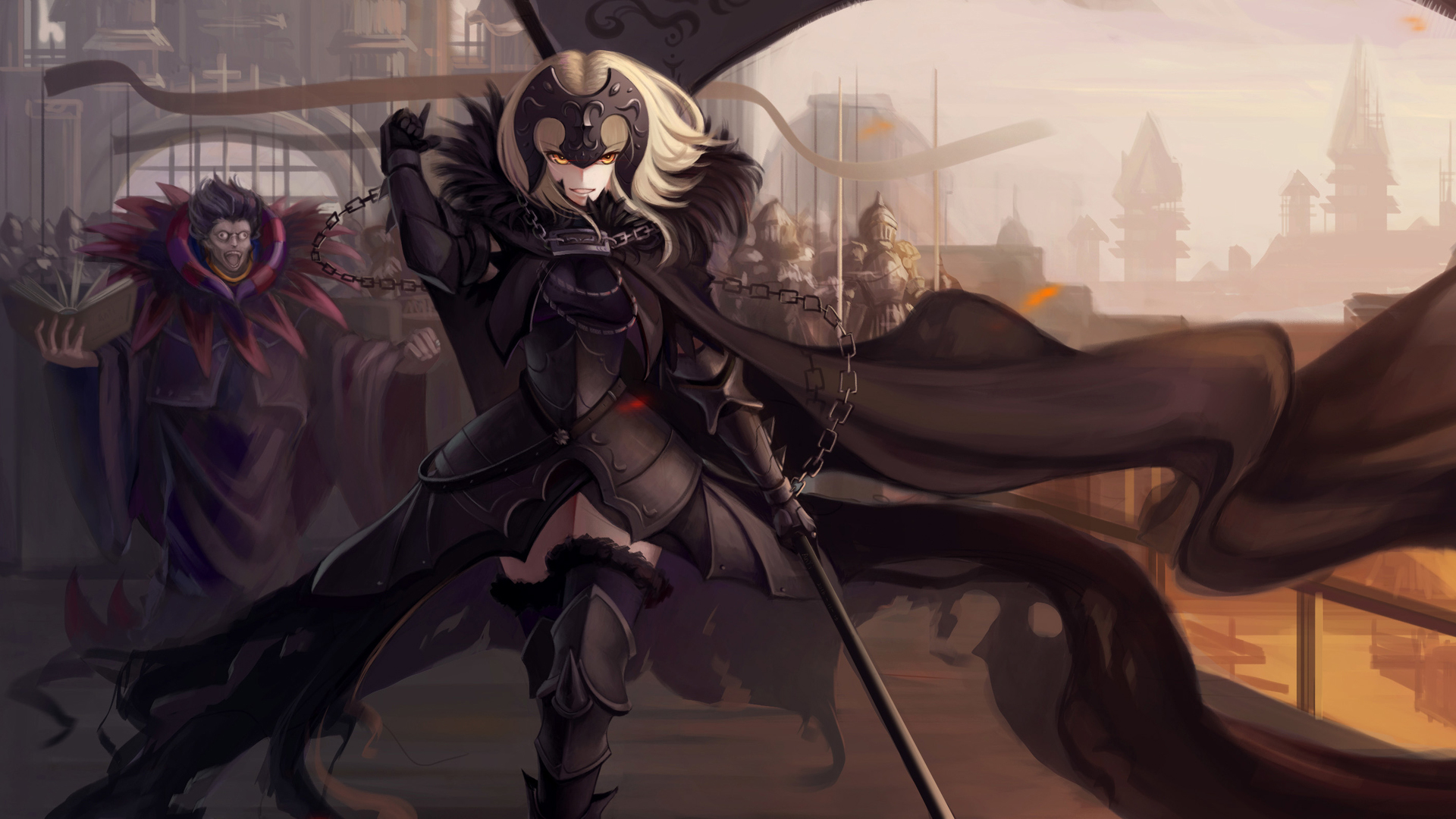 anime, fate/grand order, armor, avenger (fate/grand order), blonde, cape, caster (fate/zero), chain, fate (series), jeanne d'arc alter, thigh boots, yellow eyes, fate series 4K Ultra