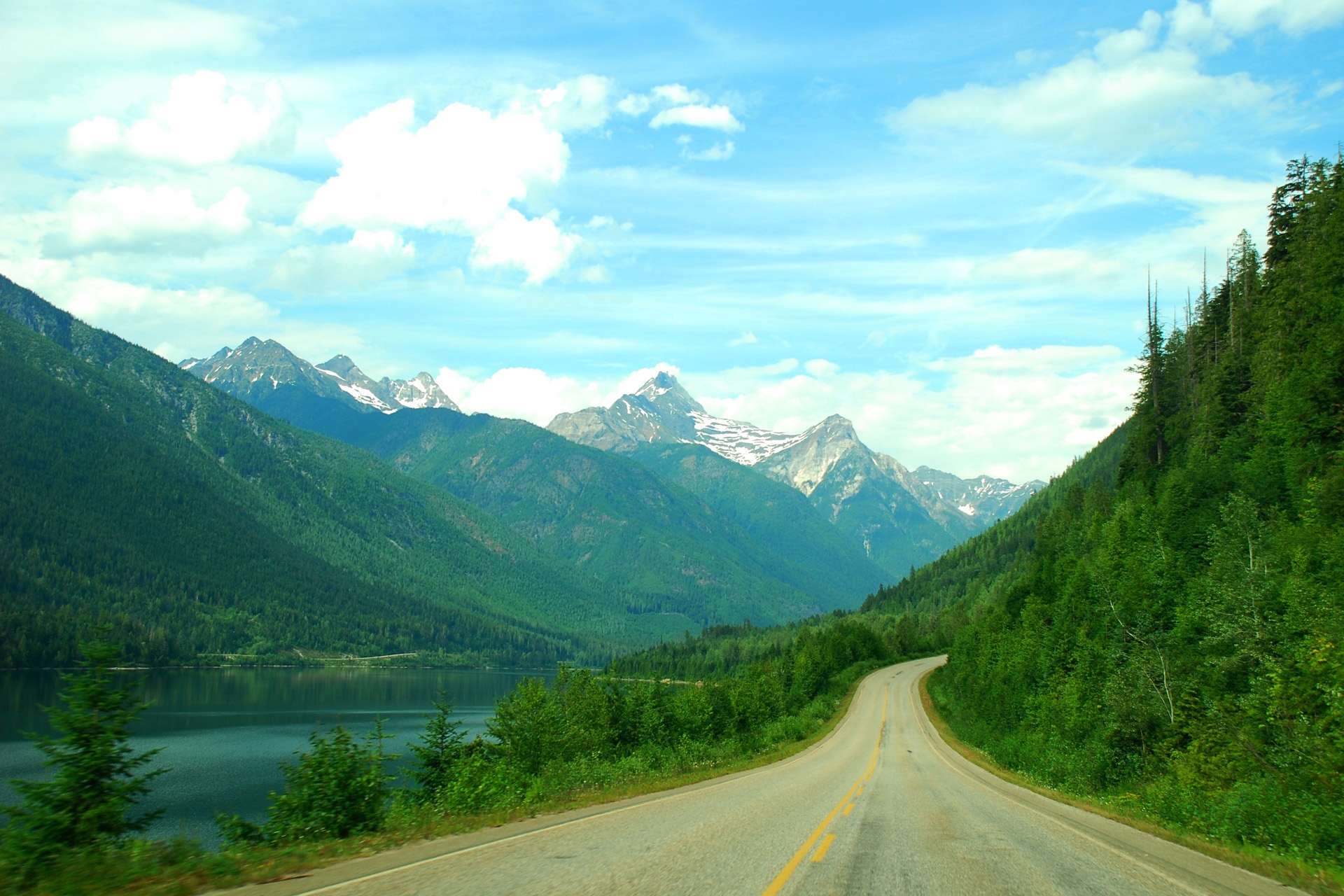 nature, water, mountains, road, forest, basin