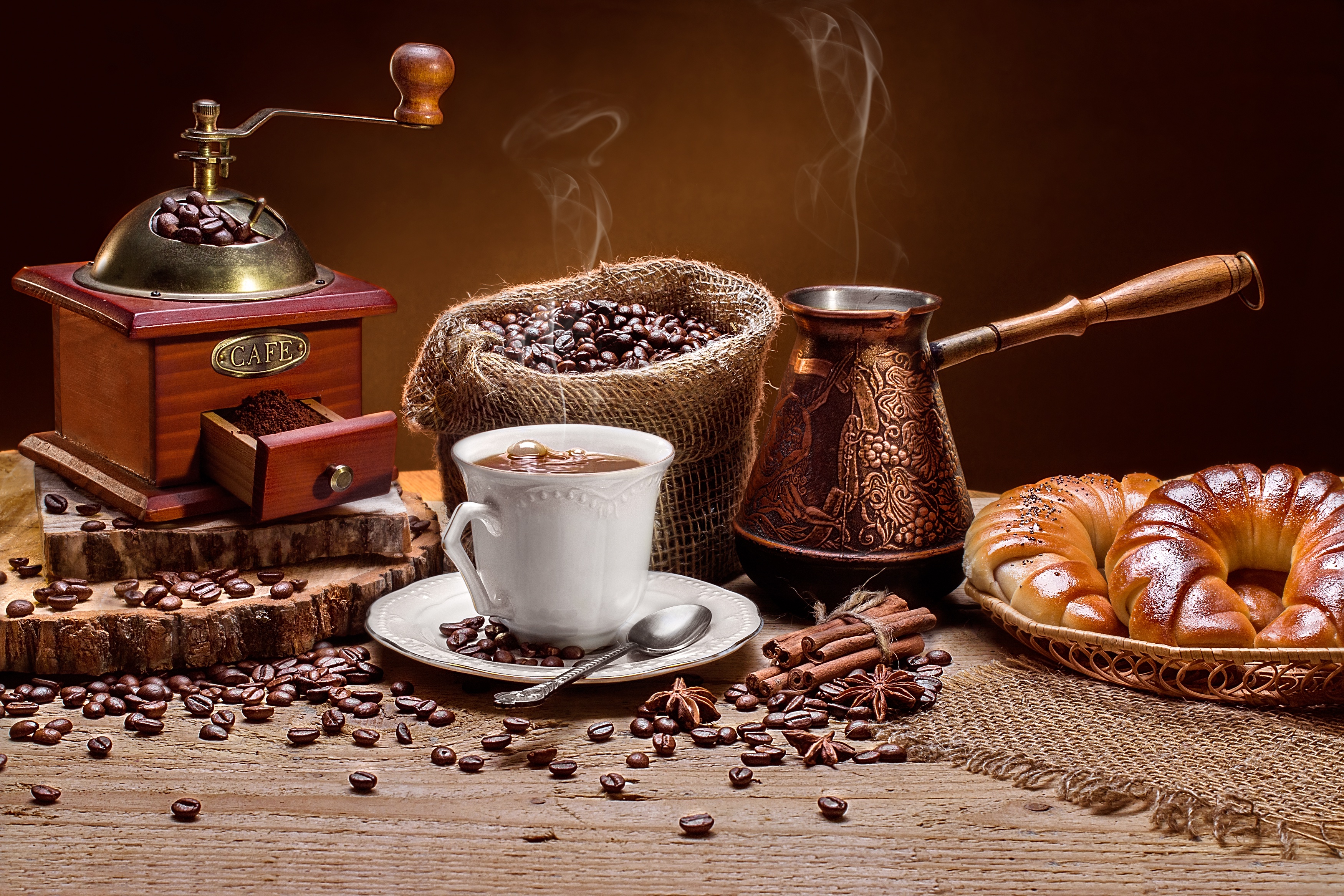 Free download wallpaper Food, Coffee, Still Life, Cinnamon, Cup, Drink, Coffee Beans, Viennoiserie on your PC desktop