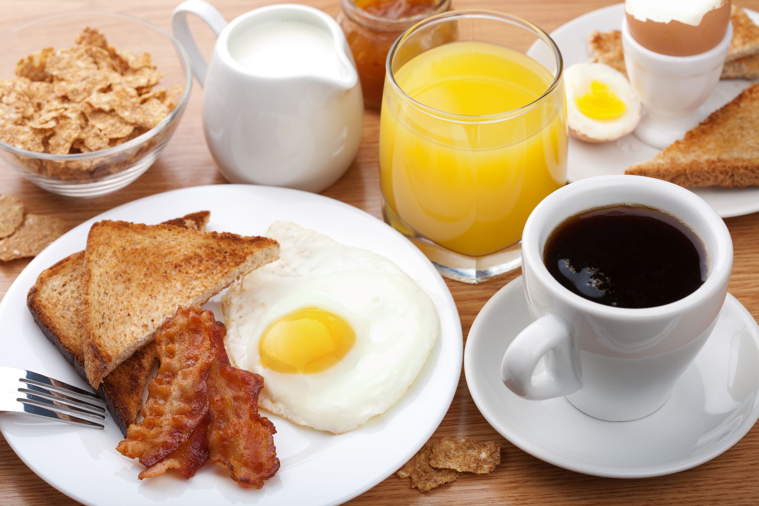 food, breakfast, cereal, coffee, cup, egg, glass, juice, toast
