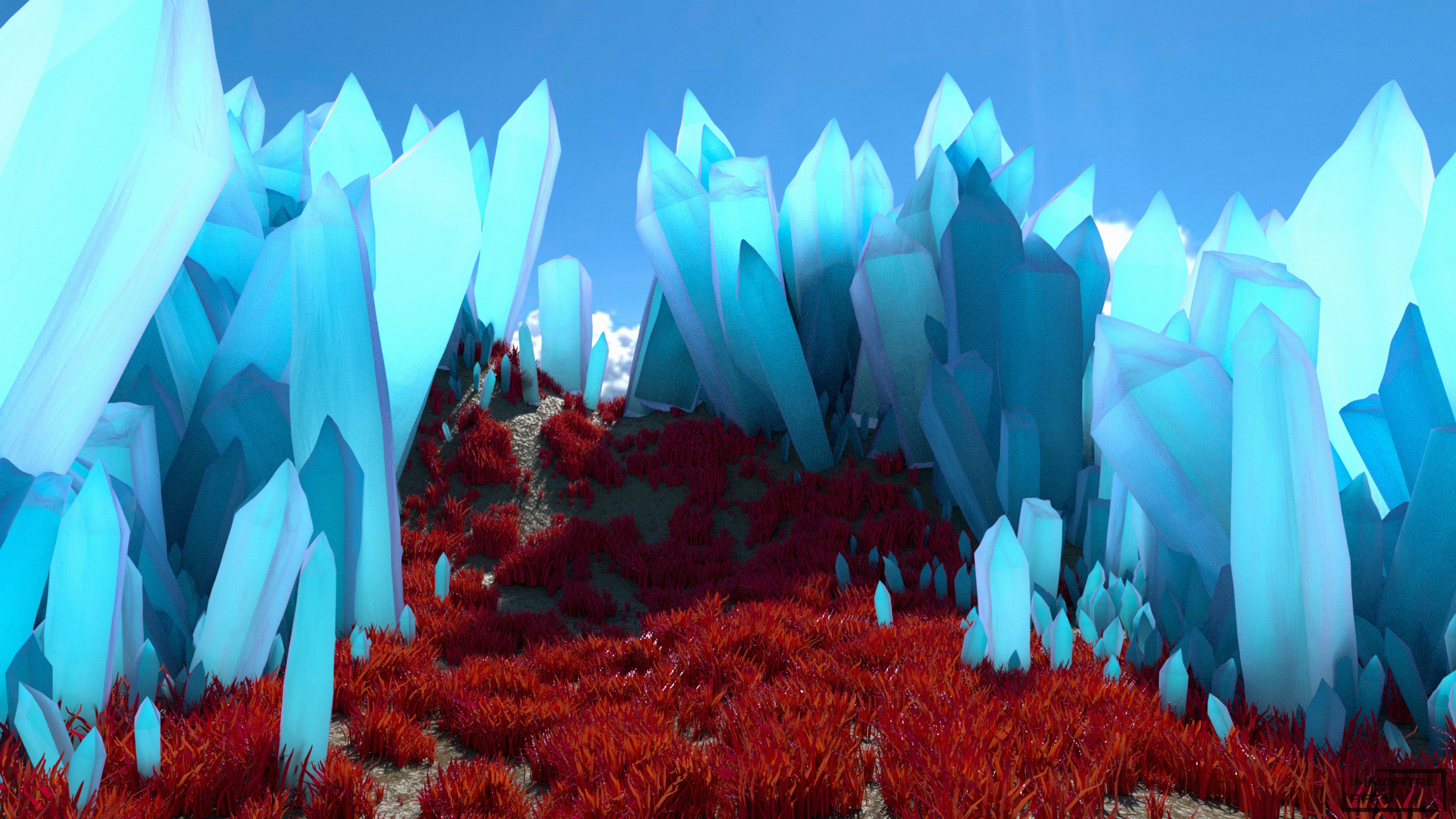 3d, crystals, grass, blue, valley wallpapers for tablet