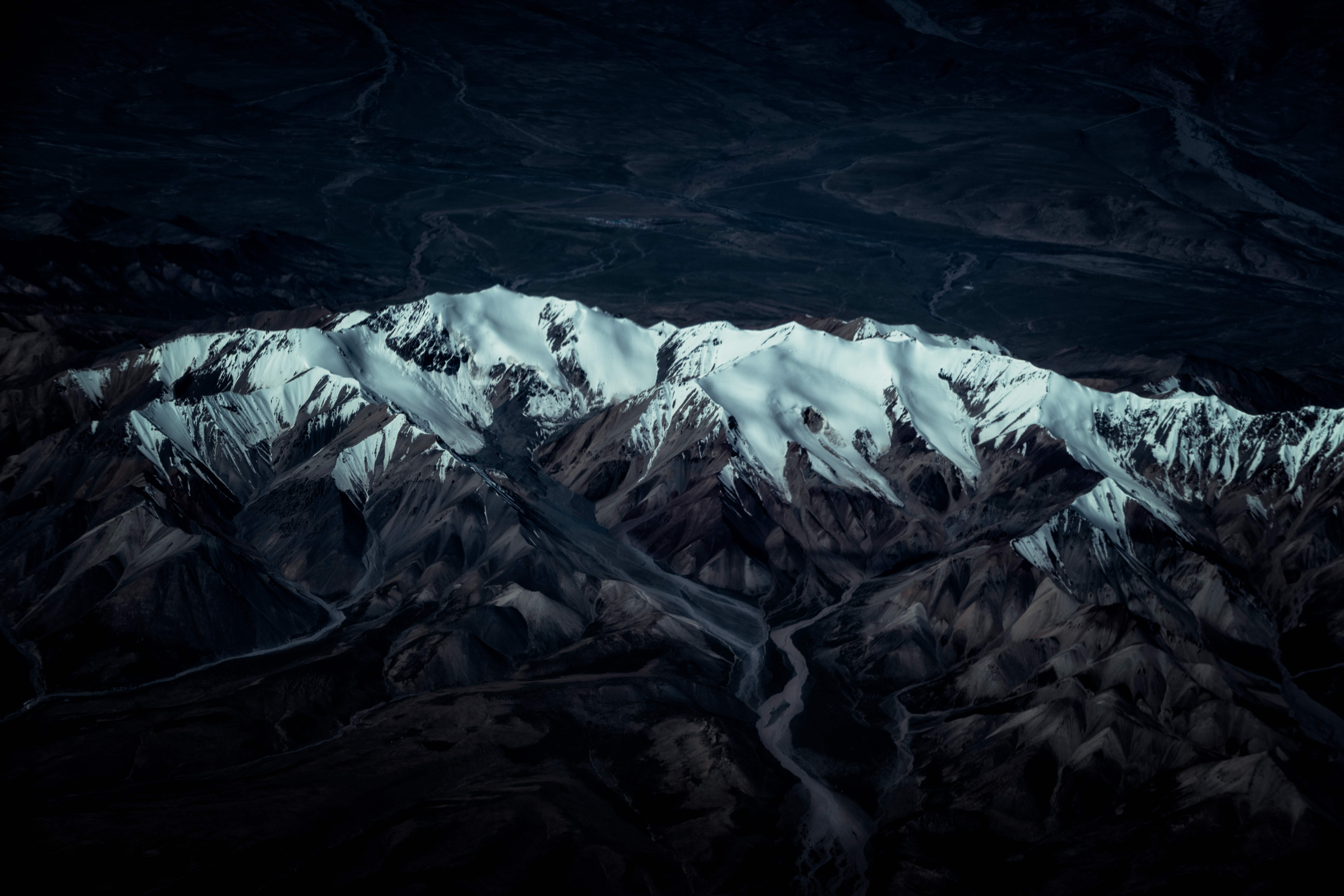 Desktop FHD snow, tops, dark, mountains, view from above, vertex, relief