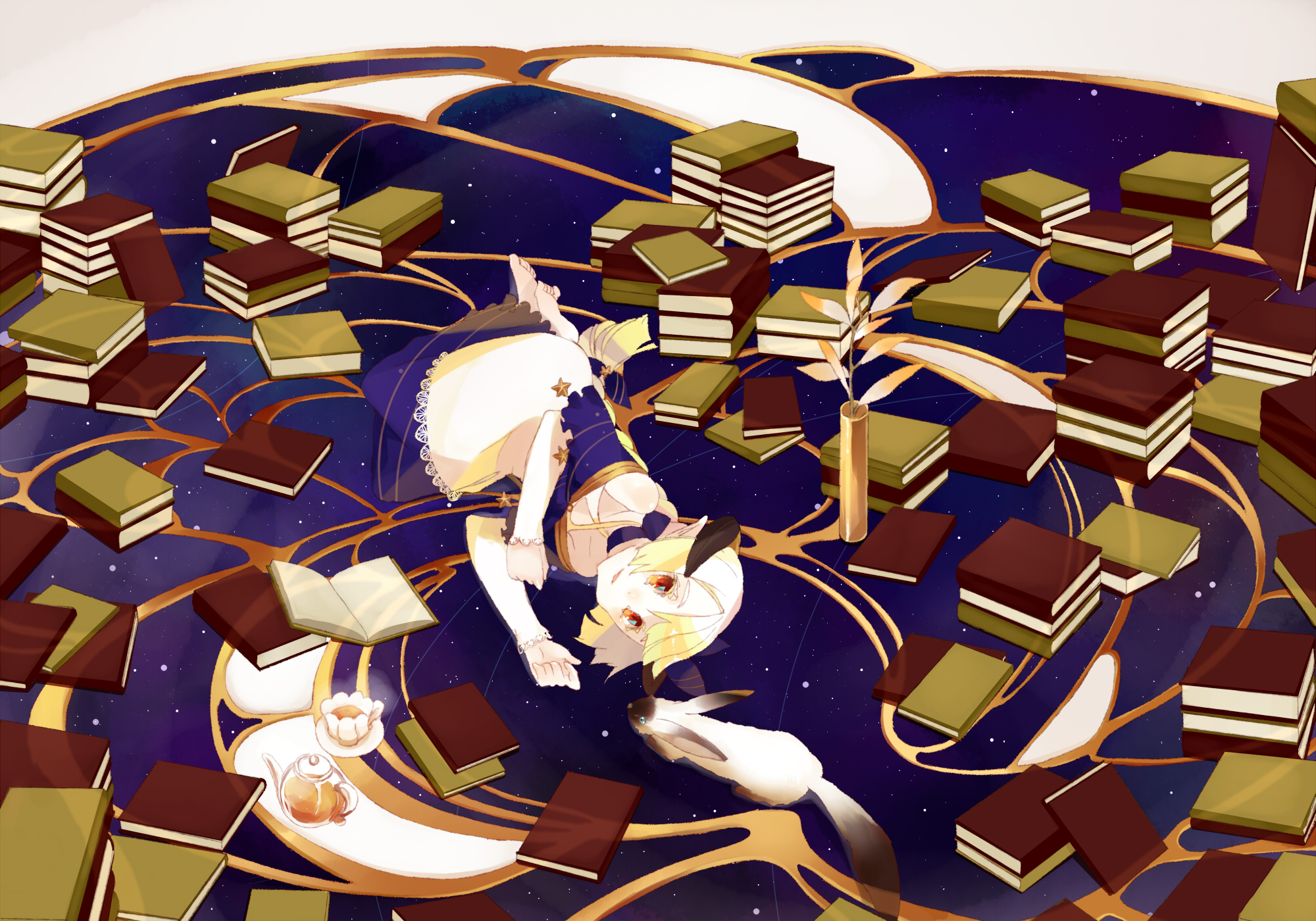 anime, original, blonde, book, horns, pointed ears, short hair, teacup, teapot HD wallpaper