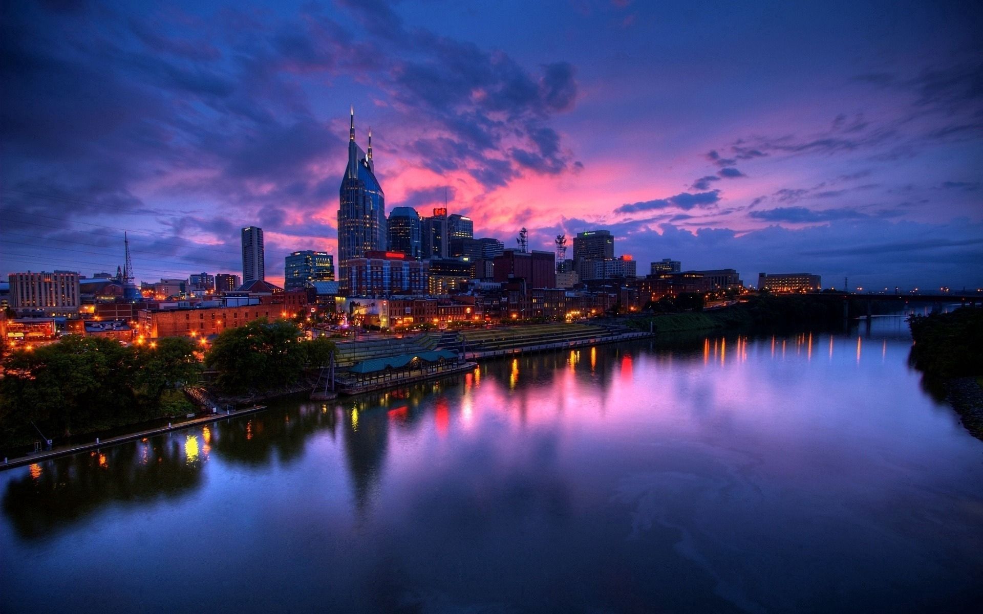 skyscrapers, shore, night, city, cities, rivers, building, bank, lilac sunset 1080p