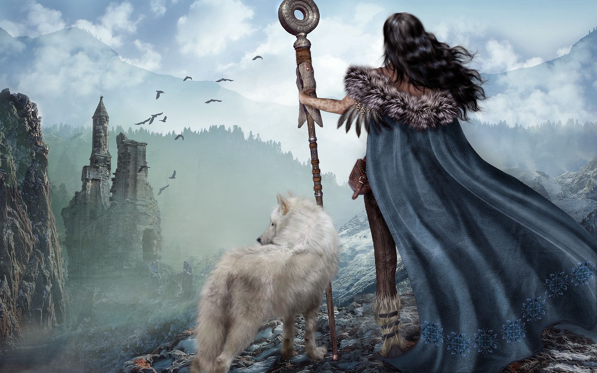 Mobile wallpaper warrior, fantasy, wolf, mountains, girl, ruins