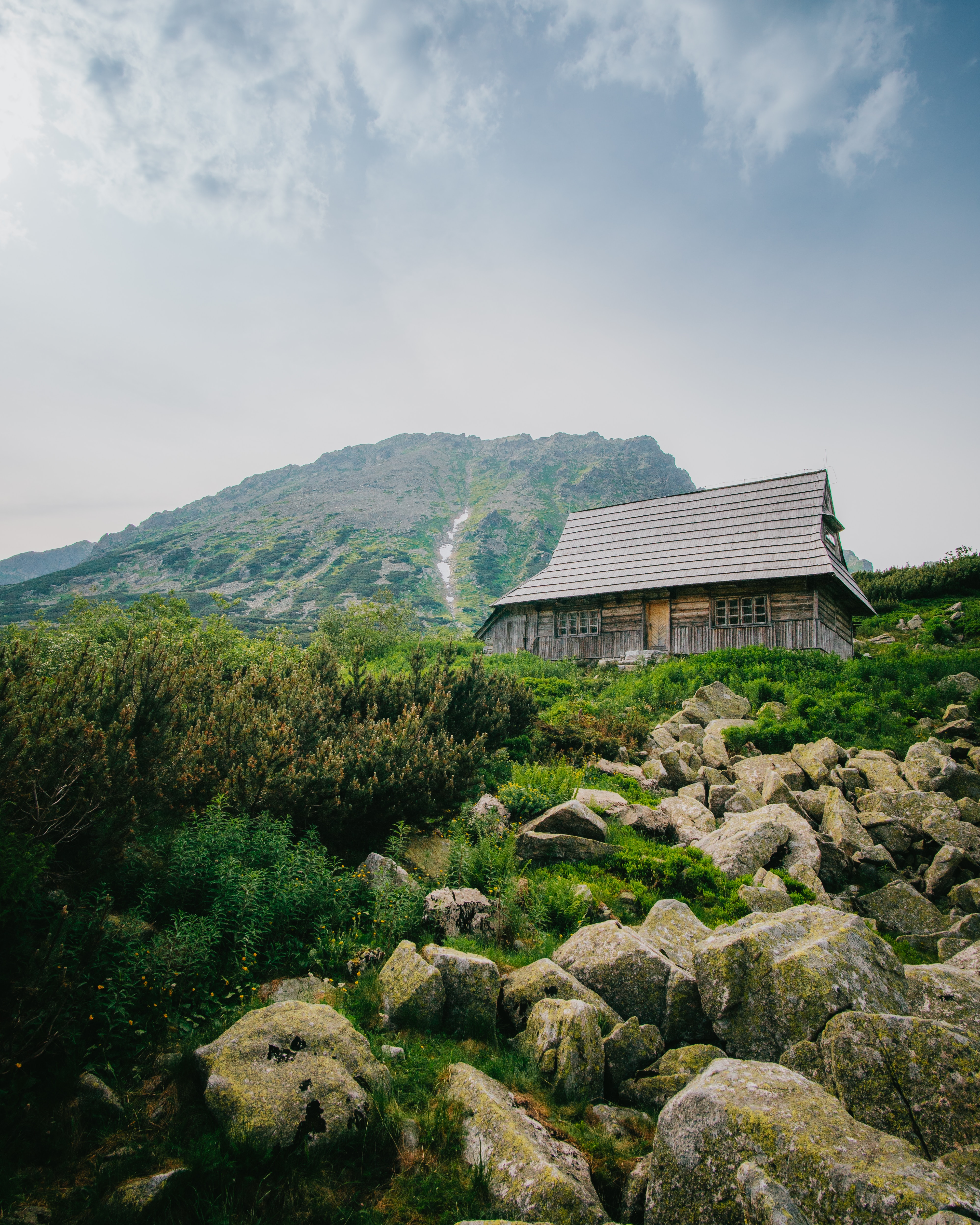 slope, stones, nature, mountains, house
