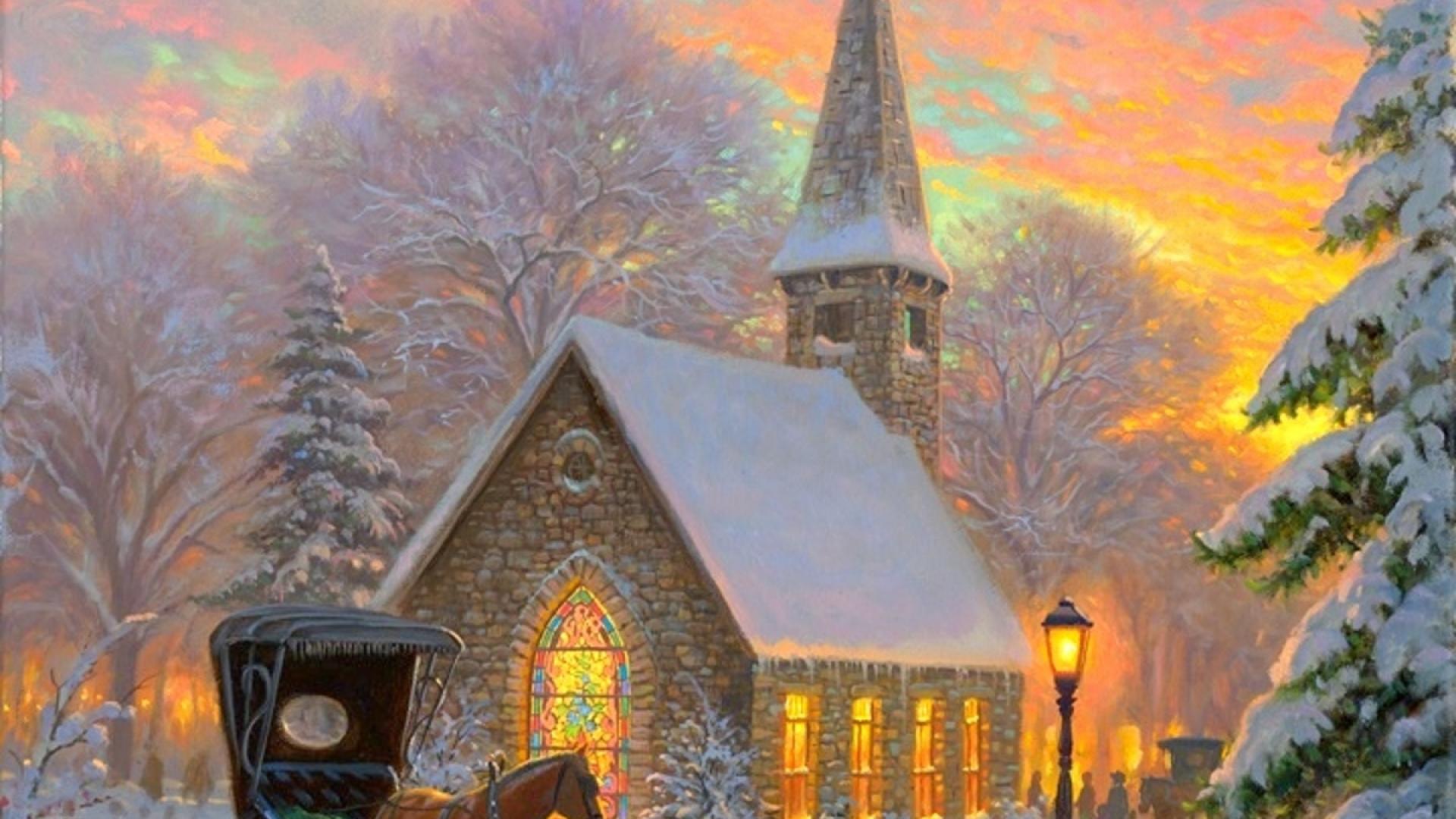 artistic, winter, carriage, chapel, church, horse, religious, steeple phone wallpaper