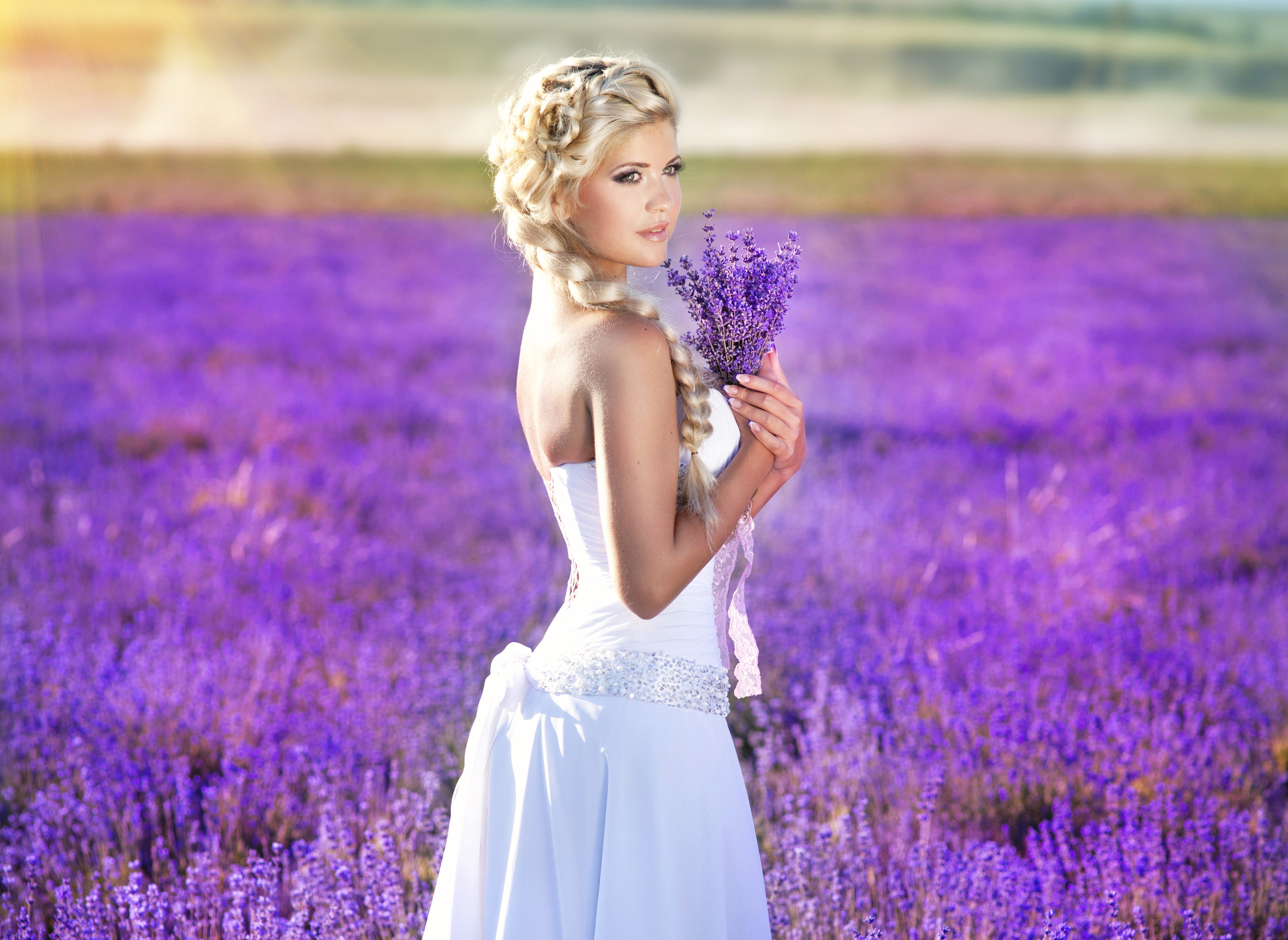 women, bride, bouquet, dress, flower, lavender, plait, wedding dress Panoramic Wallpaper