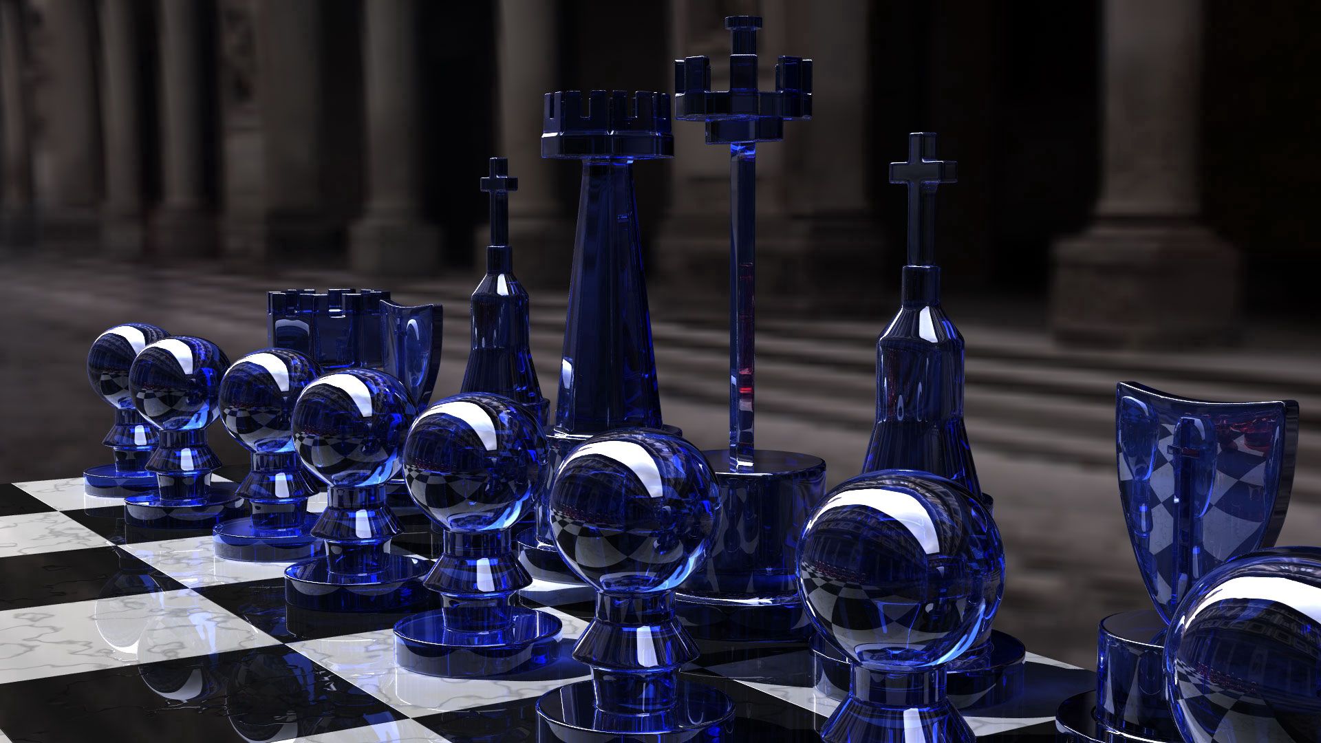 3d, chess, blue, glass, form, board 8K