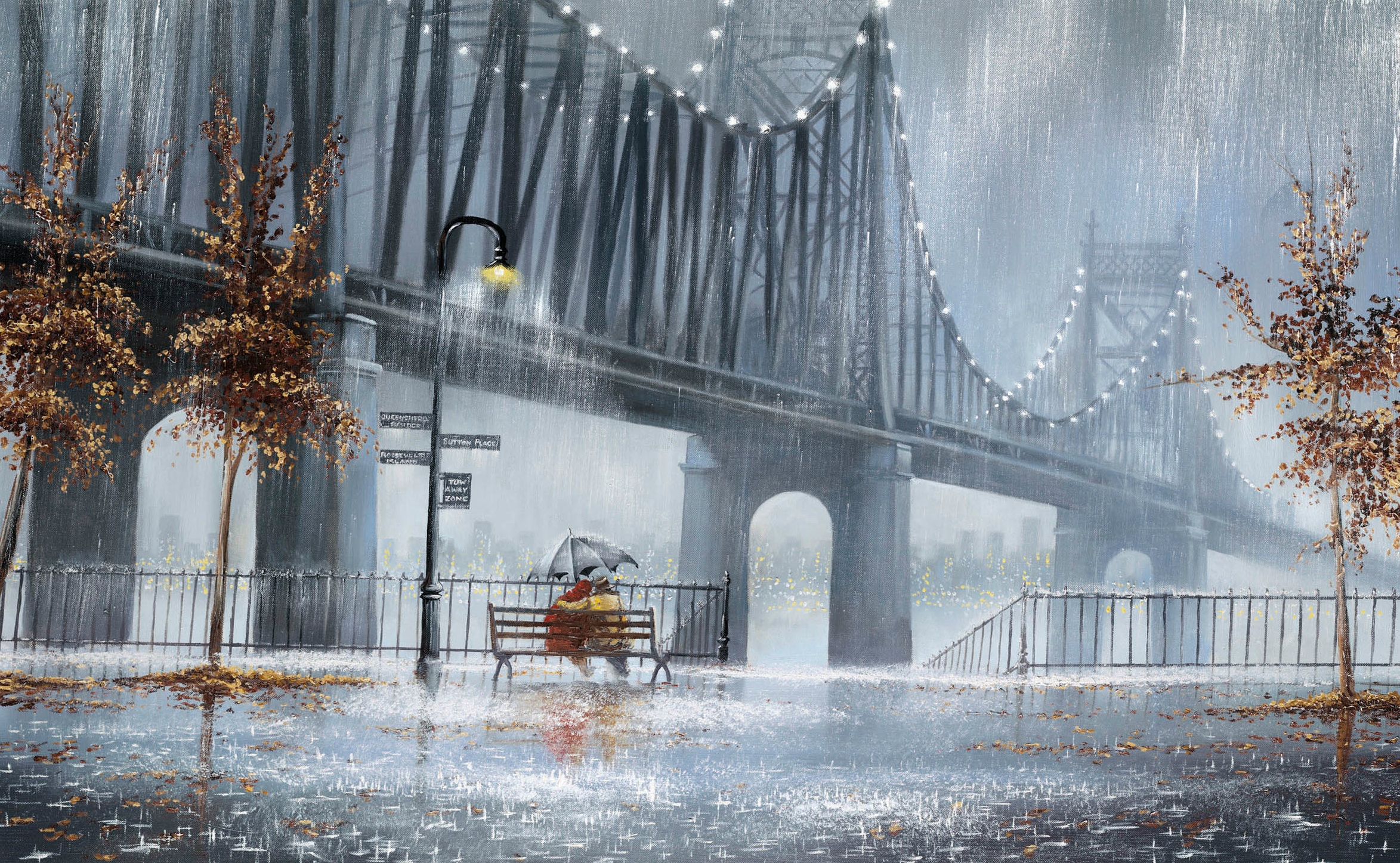 pair, lanterns, bench, rain, umbrella, couple, trees, lights, miscellanea, miscellaneous, street, two HD wallpaper