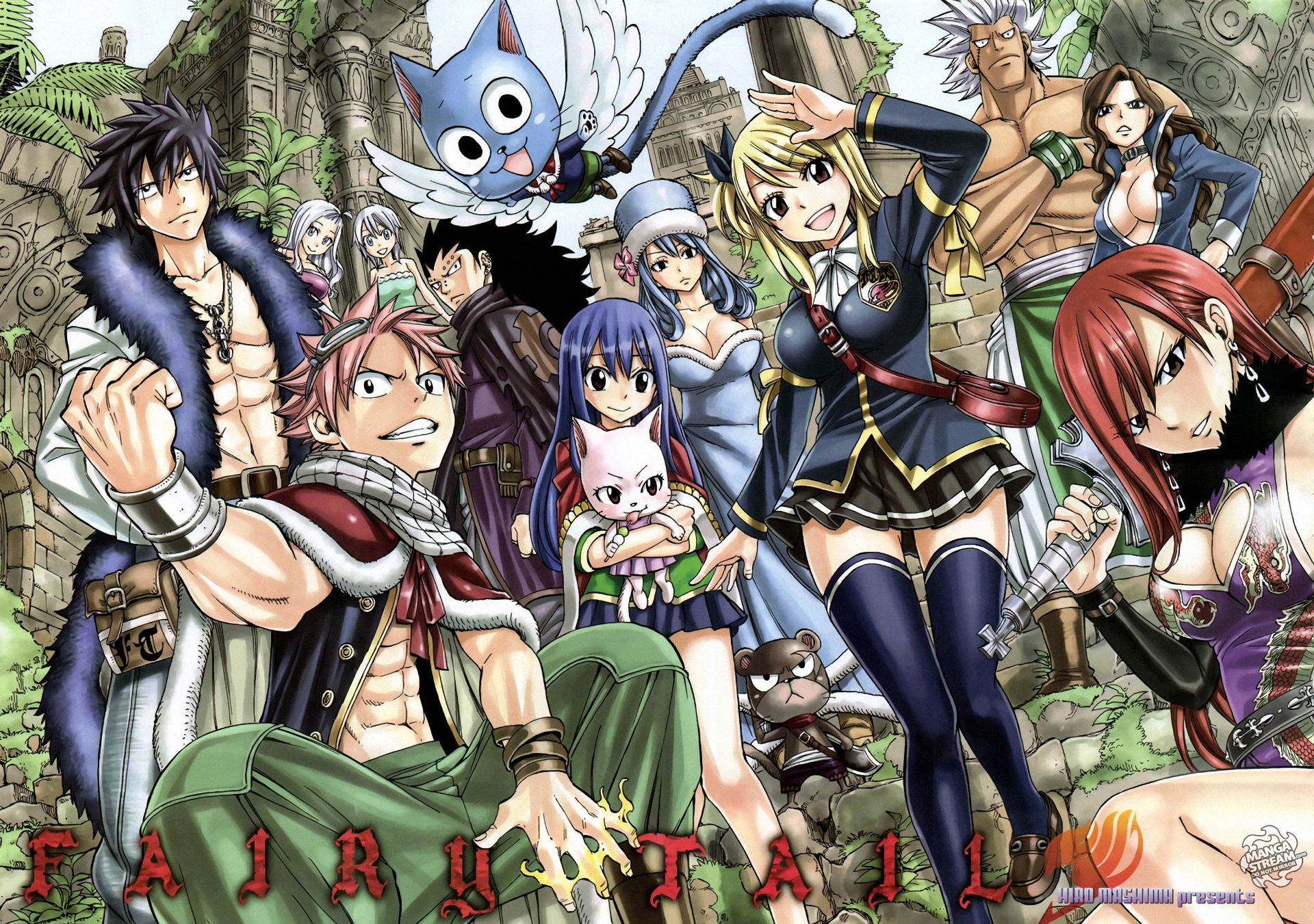 natsu dragneel, anime, dress, smile, fairy tail, happy (fairy tail), blue dress, cana alberona, charles (fairy tail), elfman strauss, erza scarlet, gajeel redfox, gray fullbuster, juvia lockser, lisanna strauss, lucy heartfilia, mirajane strauss, panther lily (fairy tail), skirt, thigh highs, wendy marvell mobile wallpaper