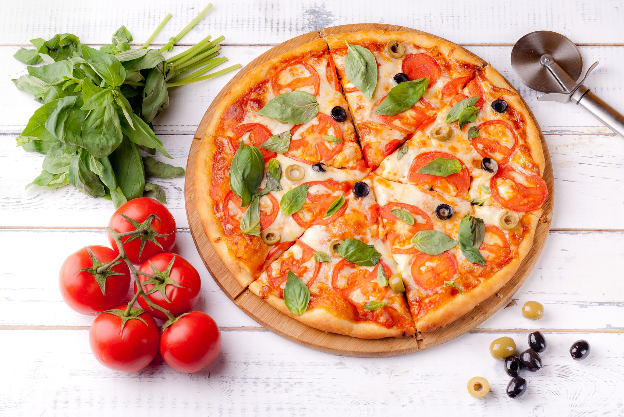 food, pizza, olive, still life, tomato Smartphone Background