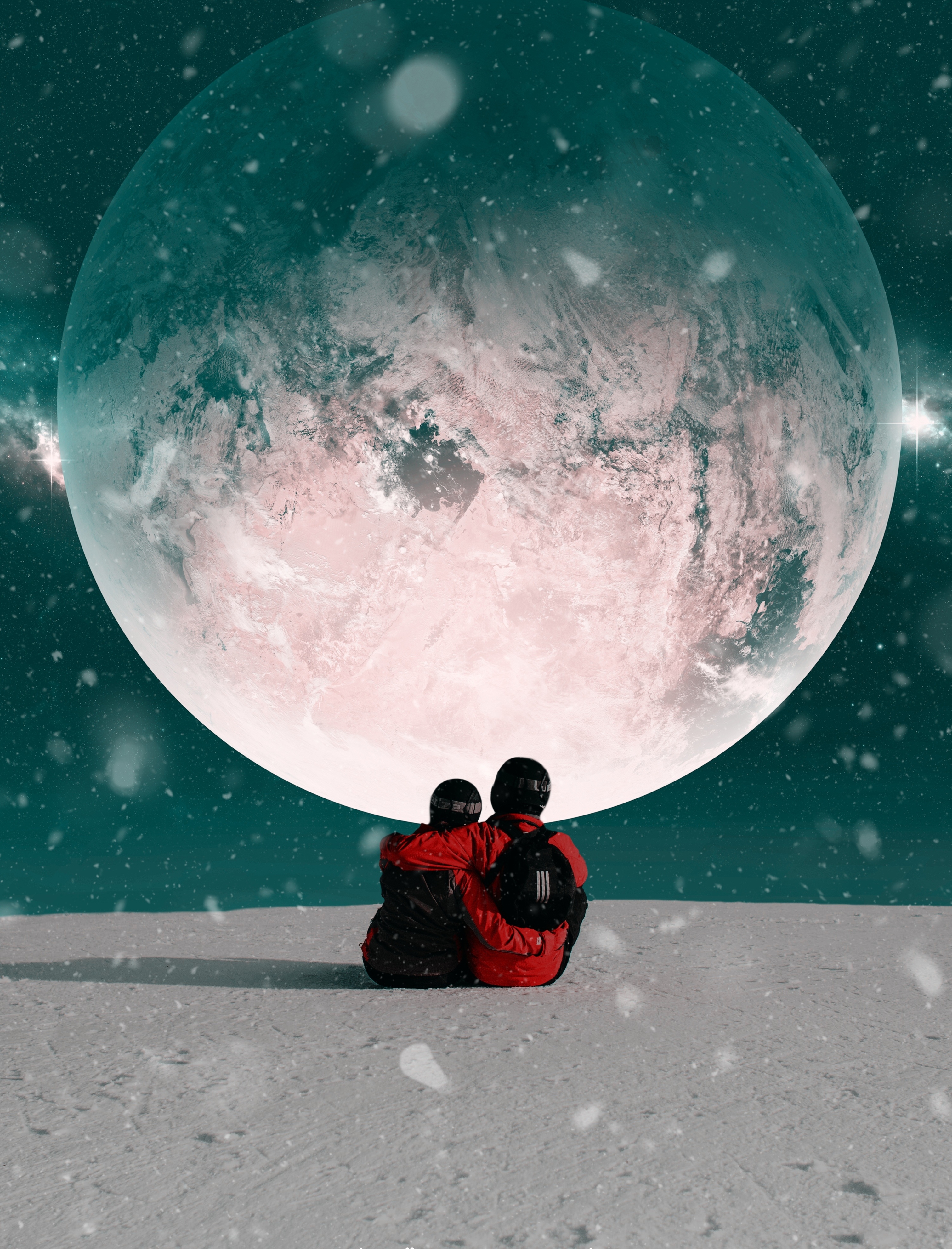 Laden Sie das Paar, Umarmen, Schnee, Umarmung, Mond, Liebe, Universum-Bild kostenlos auf Ihren PC-Desktop herunter