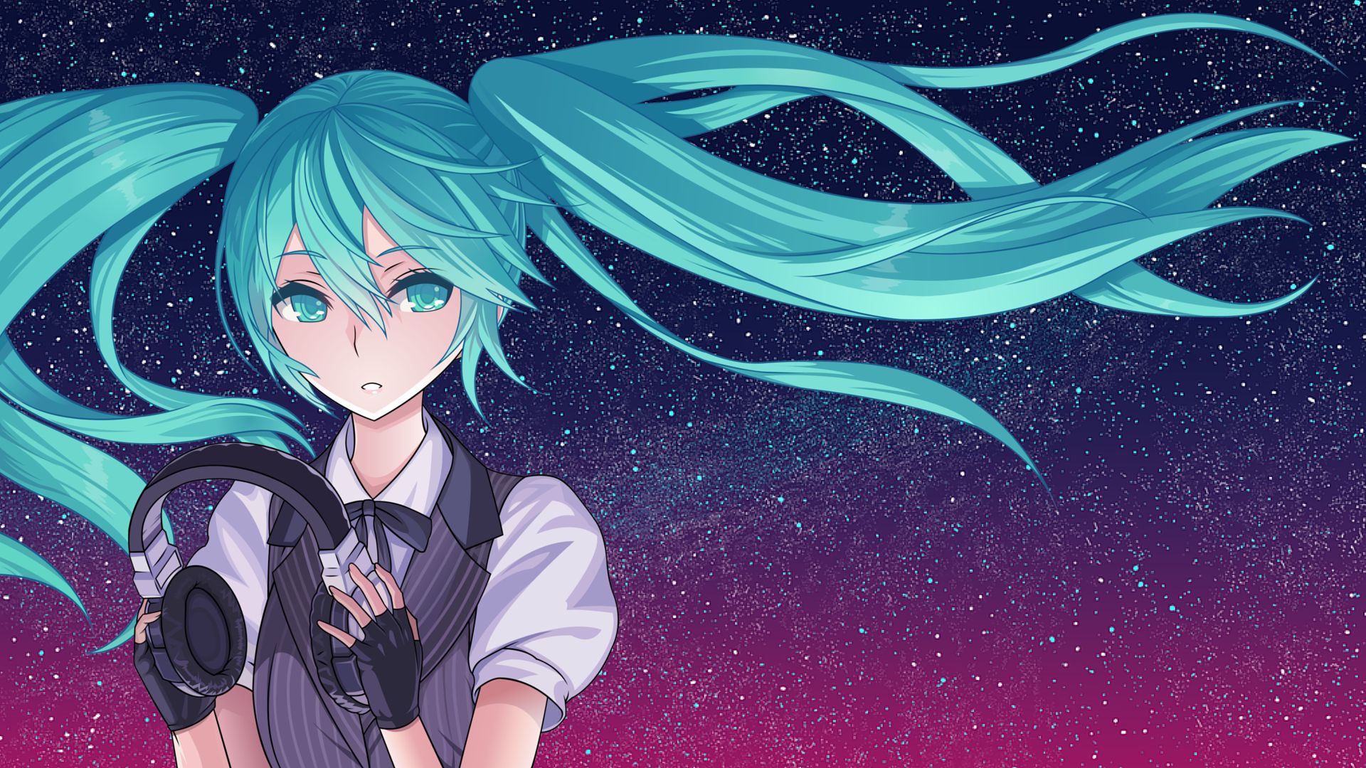 Free download wallpaper Anime, Headphones, Starry Sky, Vocaloid, Blue Eyes, Blue Hair, Hatsune Miku, Twintails on your PC desktop