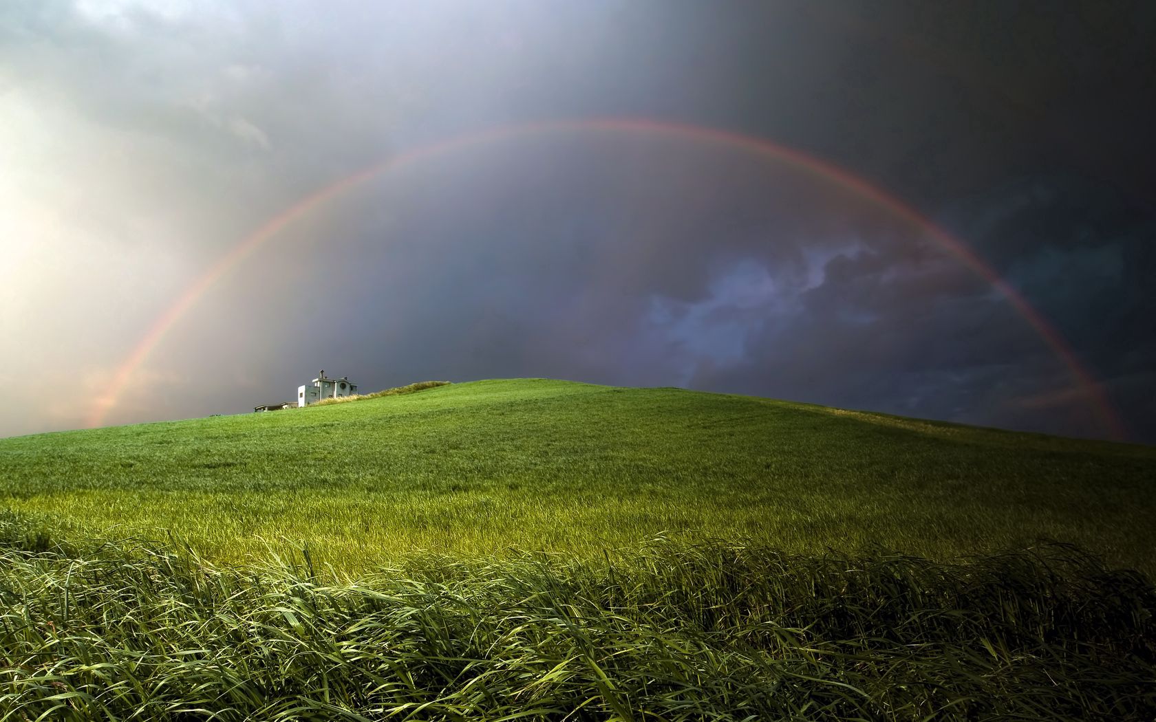 128743 Hintergrundbild herunterladen regenbogen, natur, hügel, hauptsächlich bewölkt, bedeckt, hill, wolken, wiese - Bildschirmschoner und Bilder kostenlos