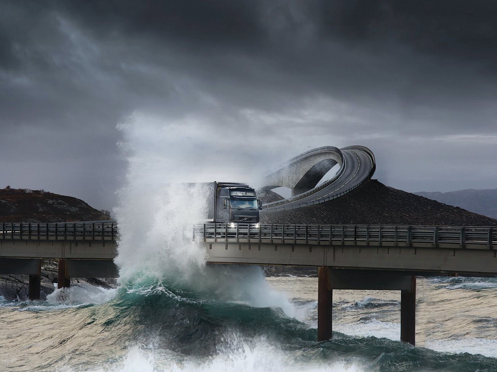 bridge, spray, storm, nature, sea, road, truck, lorry
