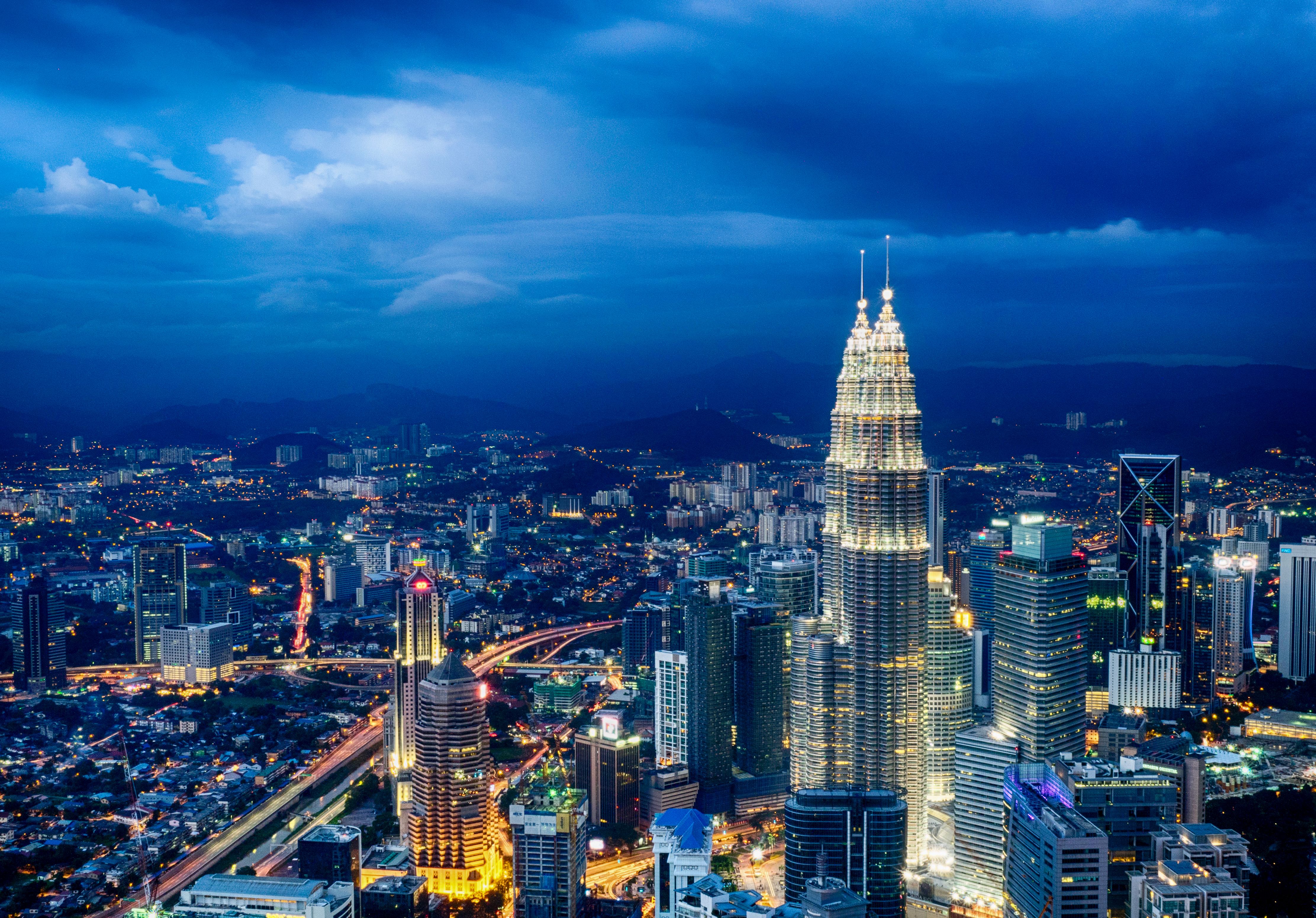 architecture, kuala lumpur, cityscape, building, light, man made, city, cloud, malaysia, metropolis, night, petronas towers, sky, skyscraper, cities