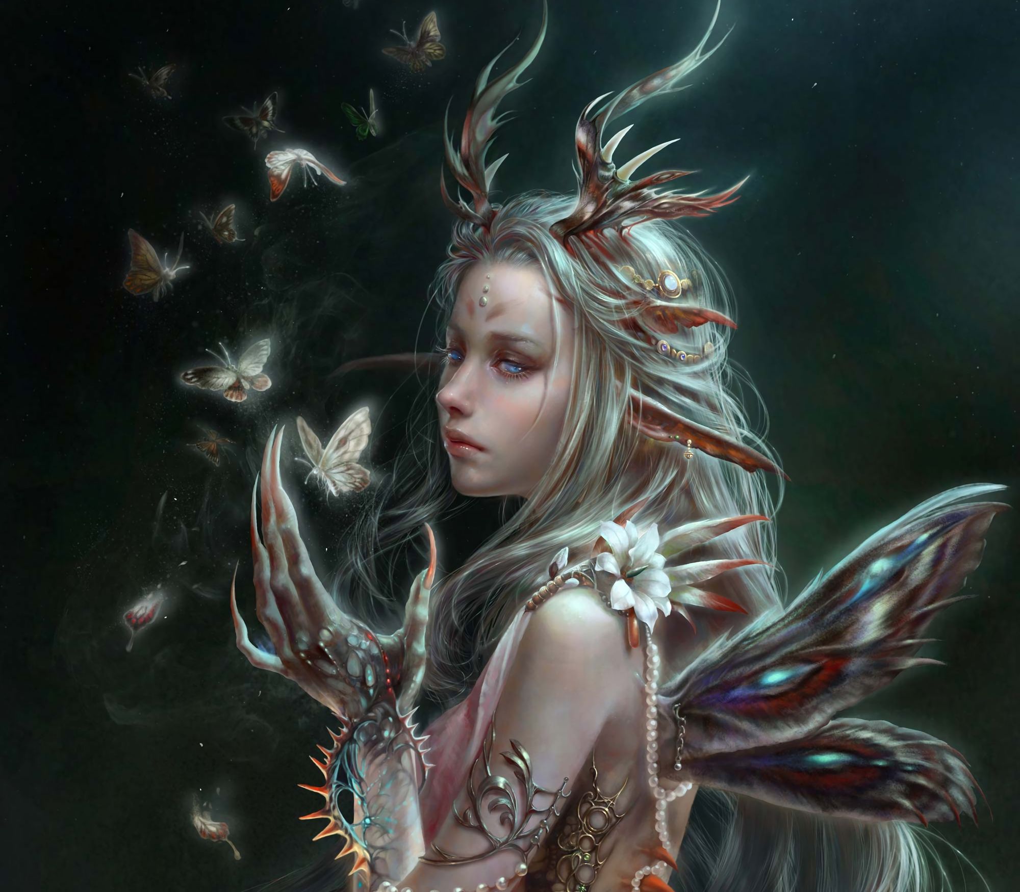 fantasy, women, blue eyes, butterfly, claws, horns, wings