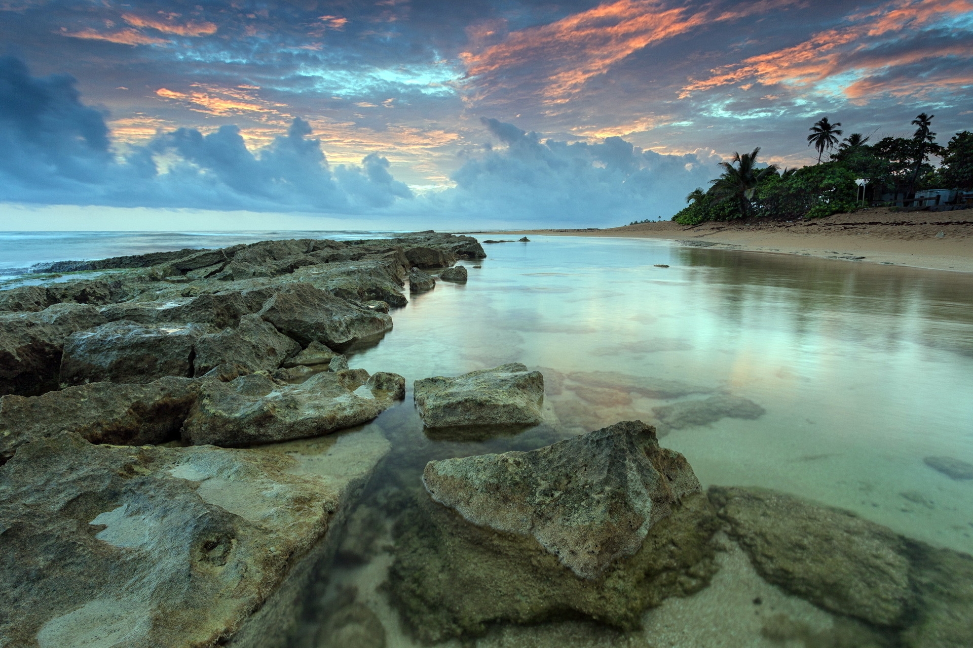 bank, shades, sunset, nature, water, stones, sky, sea, shore, transparent, bottom Free Stock Photo