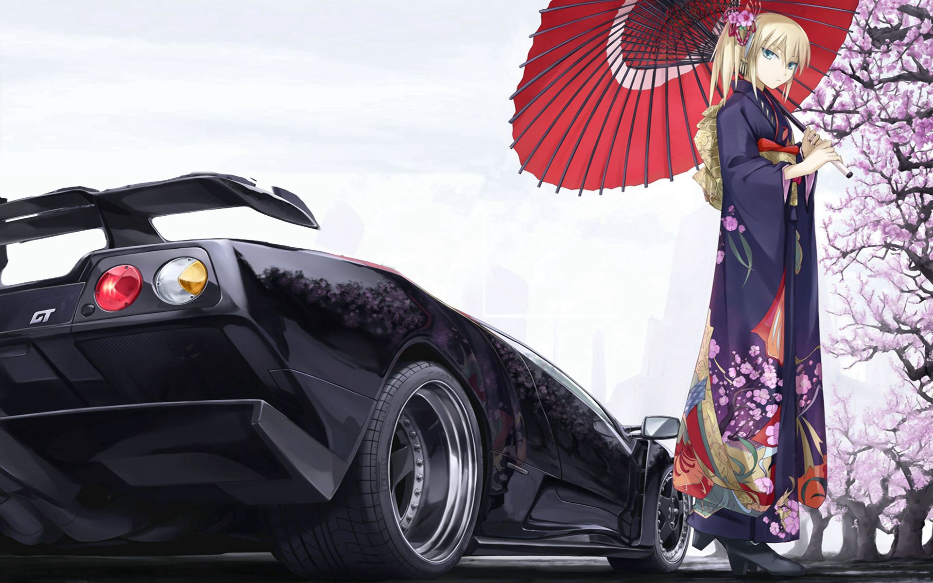 Handy-Wallpaper Klassisch, Regenschirm, Kimono, Maschine, Sakura, Auto, Mädchen, Anime kostenlos herunterladen.