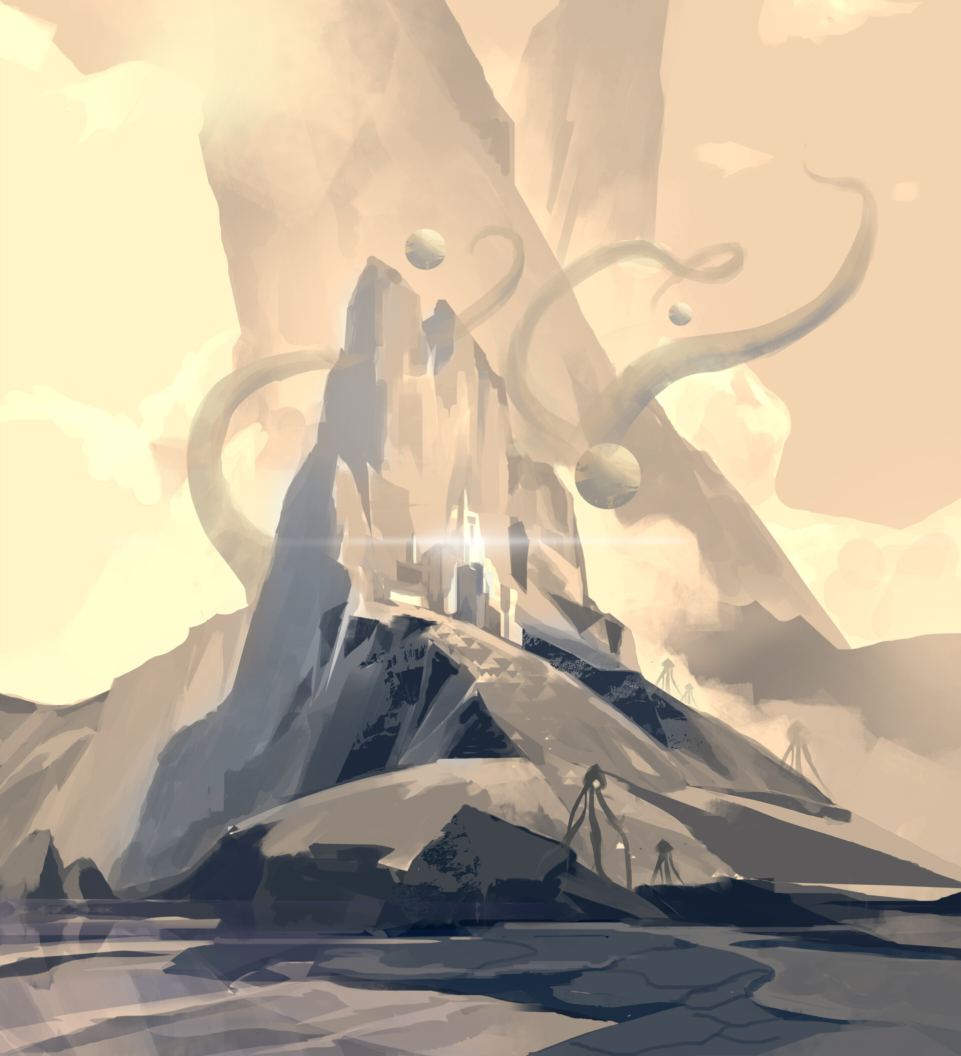 Free download wallpaper Mountains, Rocks, Circles, Art, Fantasy on your PC desktop