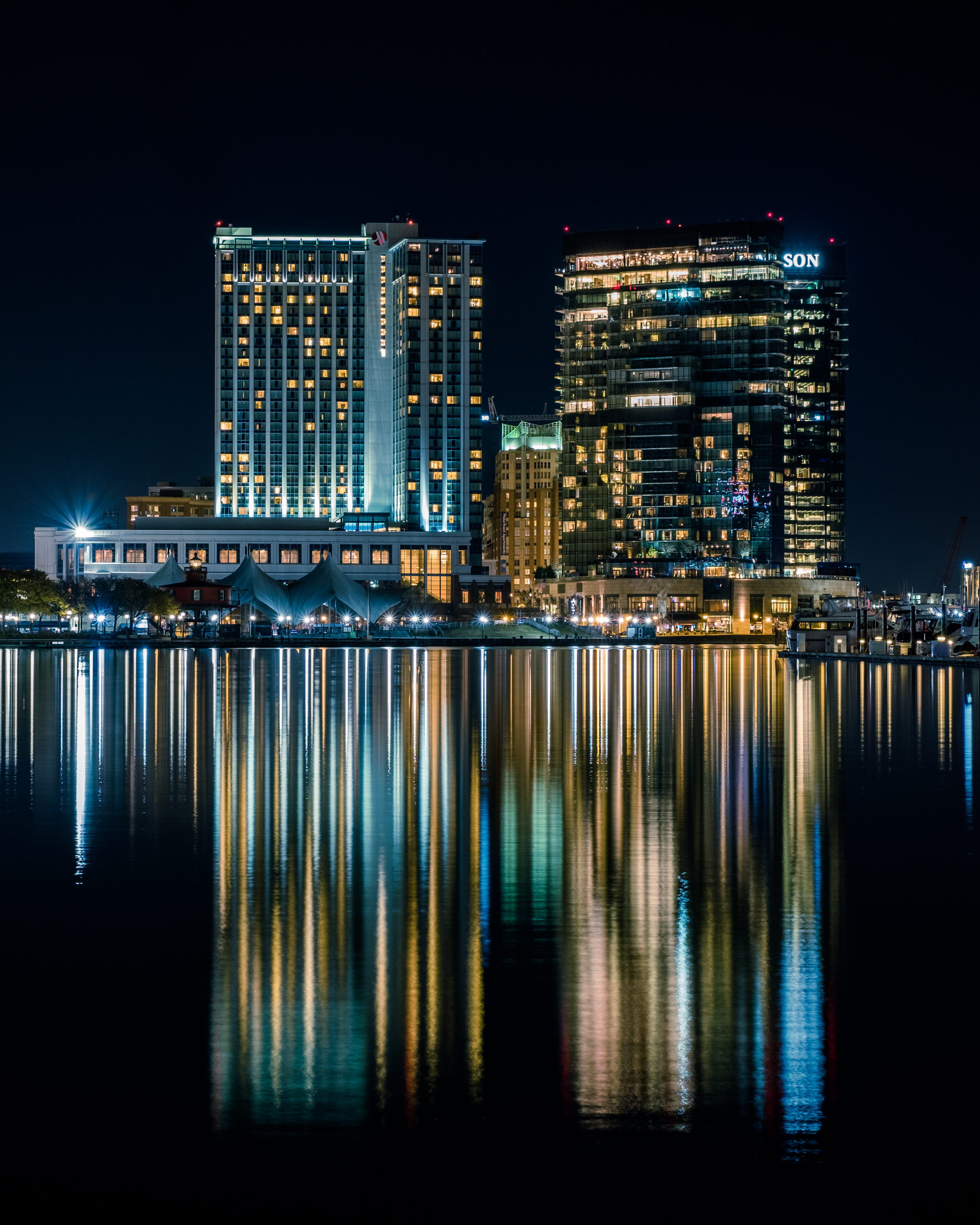 night city, cities, building, reflection, harbor, baltimore