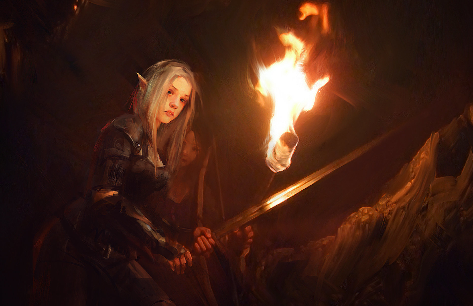 fantasy, elf, sword, torch, woman warrior