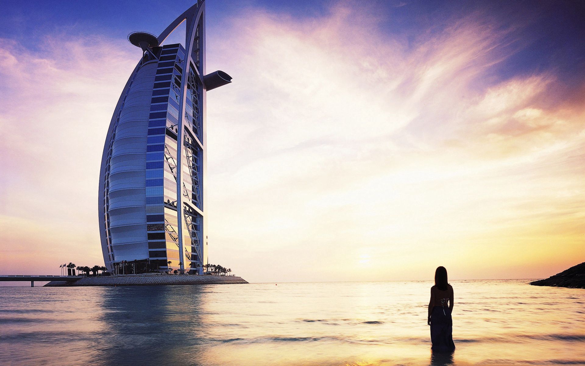 Download mobile wallpaper Cities, Burj Al Arab, Silhouette, Dubai, Girl for free.