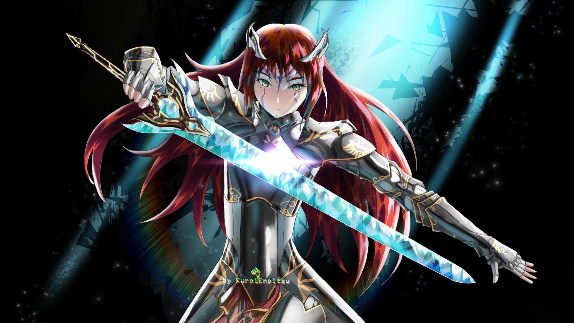 anime girl with red hair and red eyes and sword