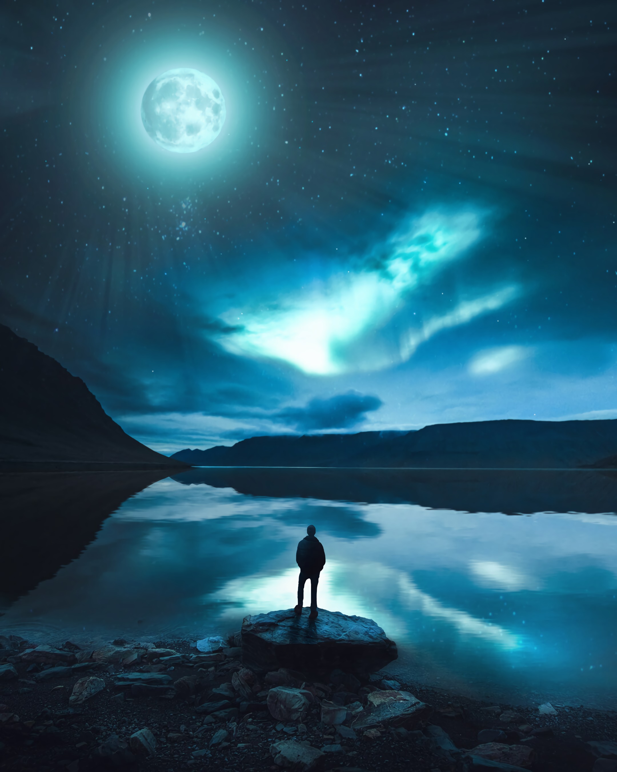 moon, moonlight, loneliness, dark, night, lake, silhouette download HD wallpaper