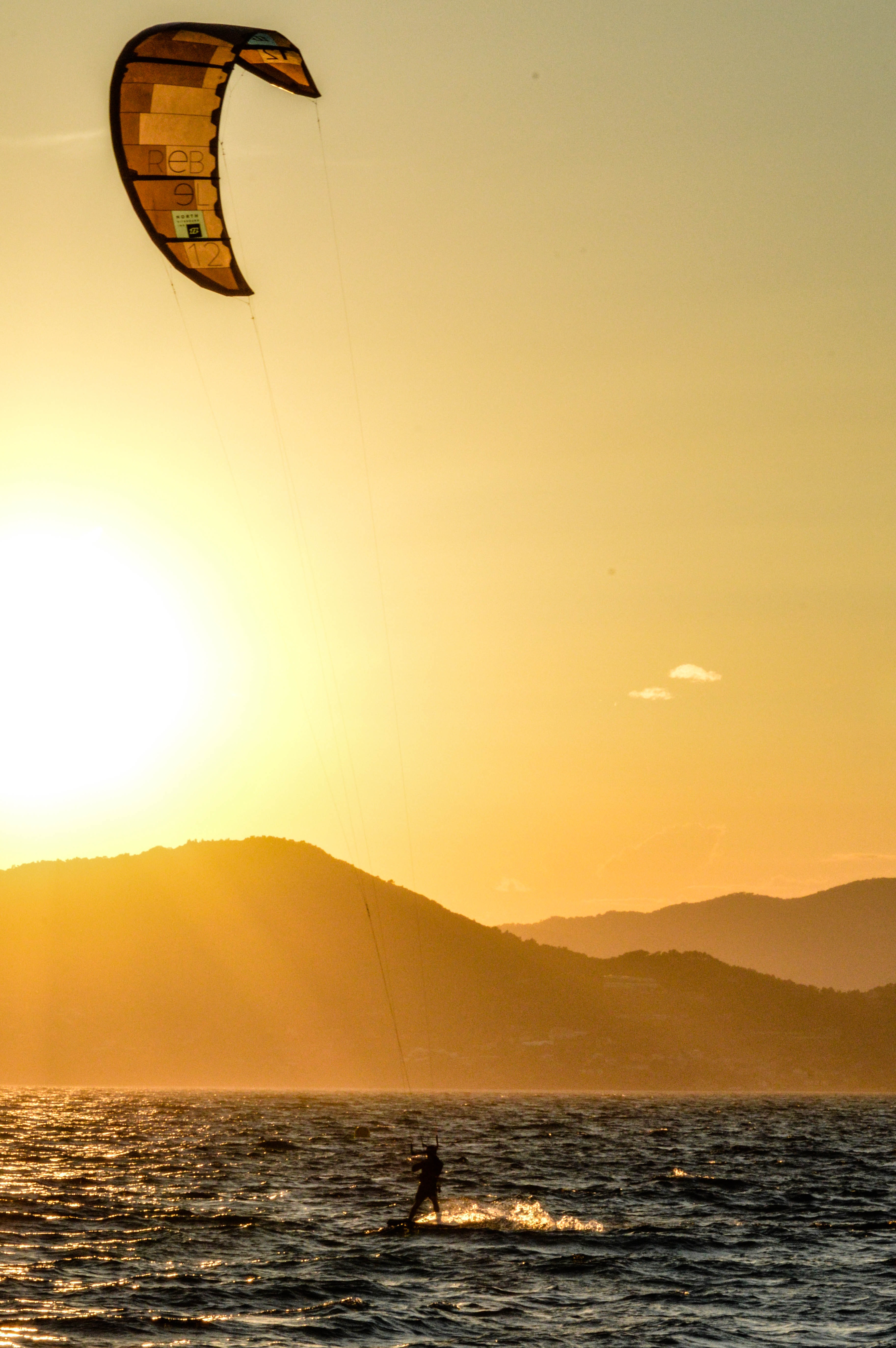 Full HD sports, sunset, sea, glare, human, person, kitesurfing