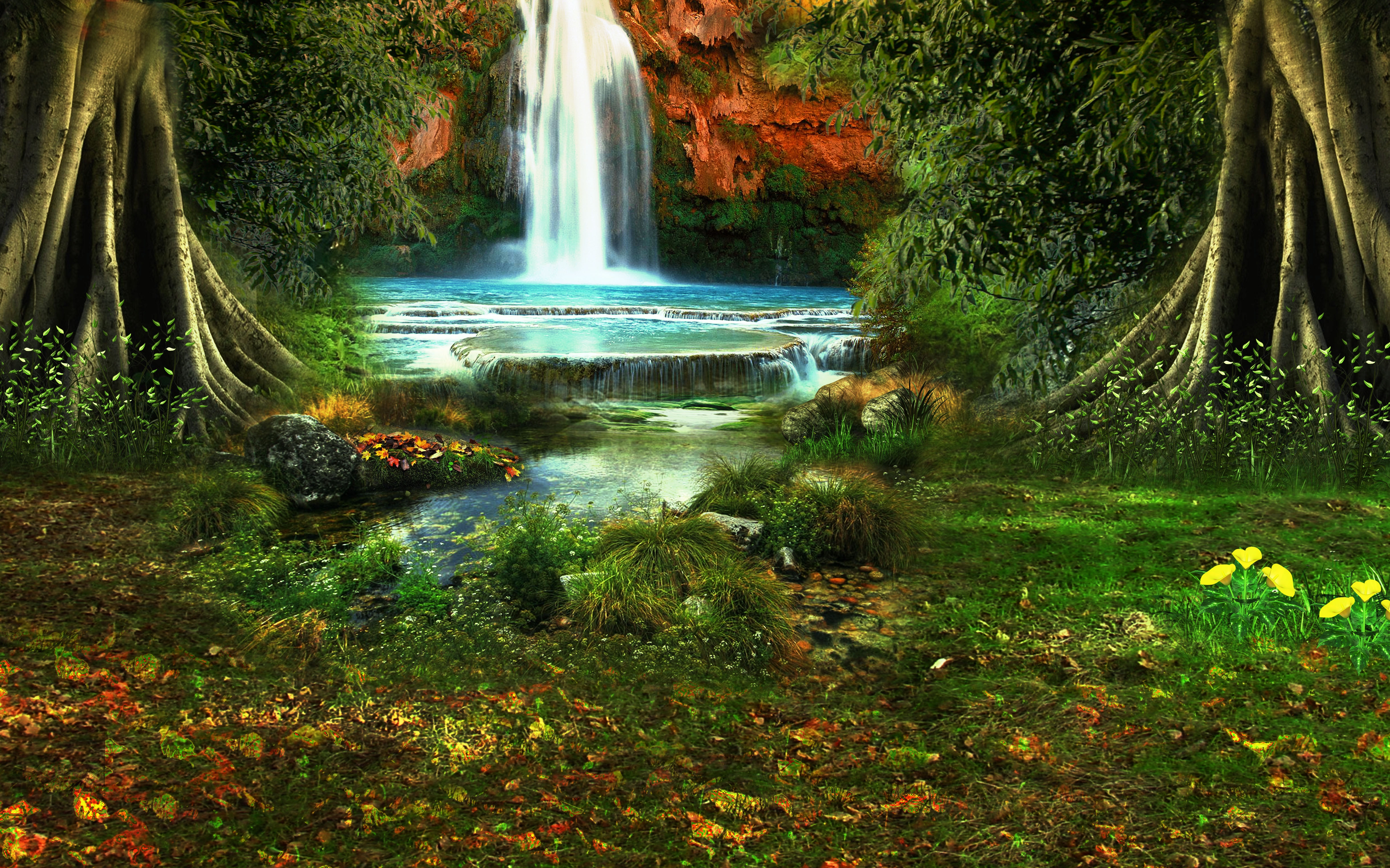 waterfall, nature, landscape, trees, vegetation