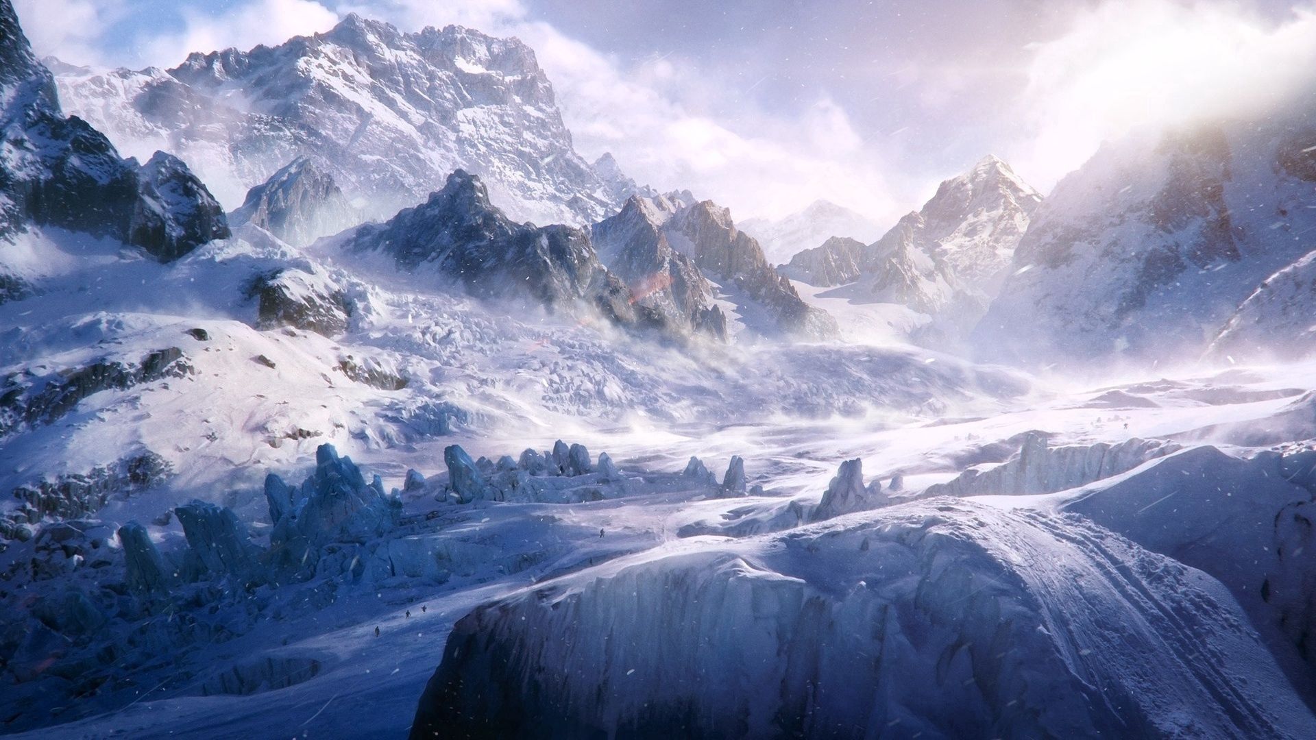 Free download wallpaper Mountains, Vertex, Wind, Snowy, Nature, Tops, Cold, Snowstorm, Snow on your PC desktop