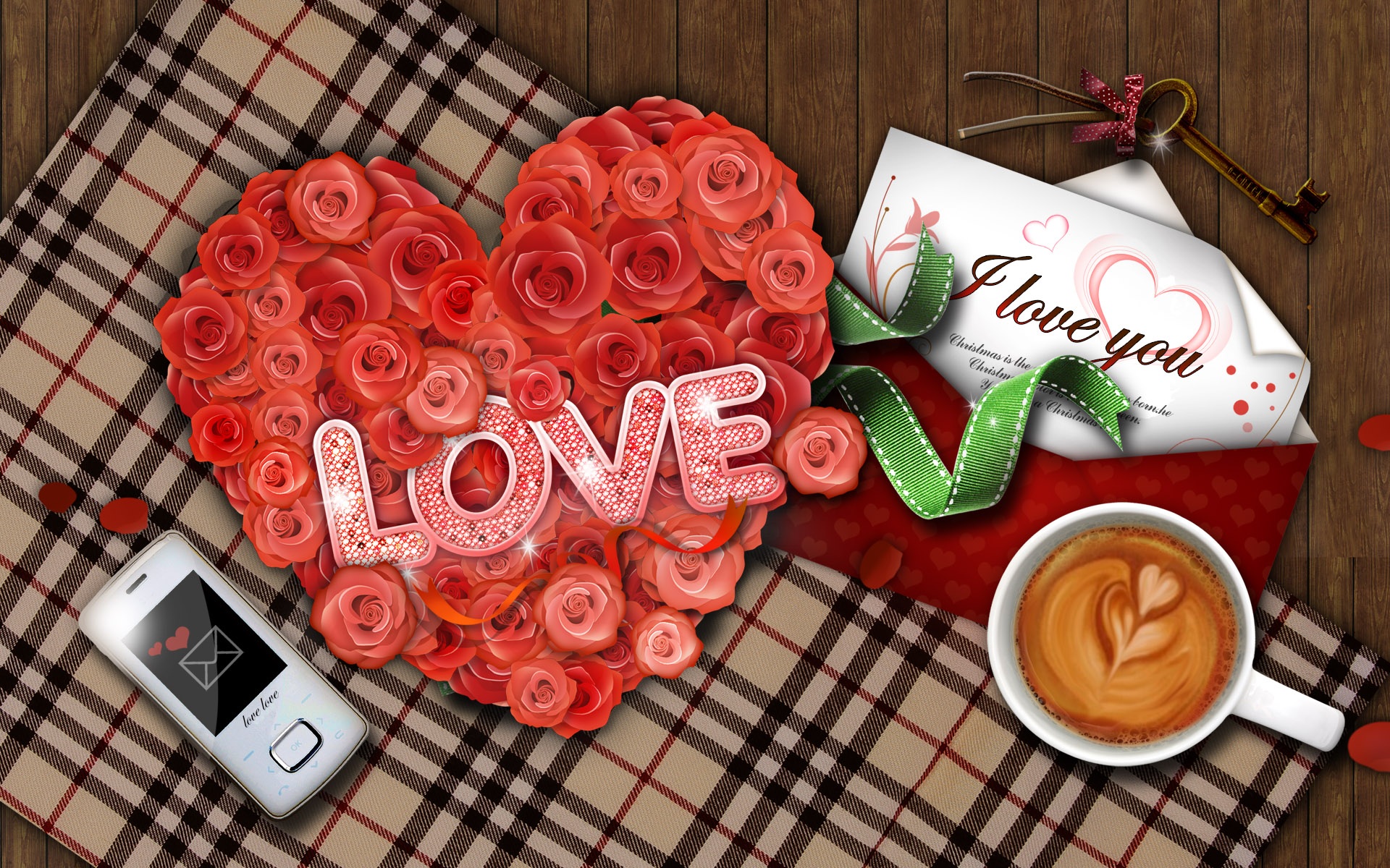 Download mobile wallpaper Valentine's Day, Love, Coffee, Rose, Holiday, Key, Phone for free.