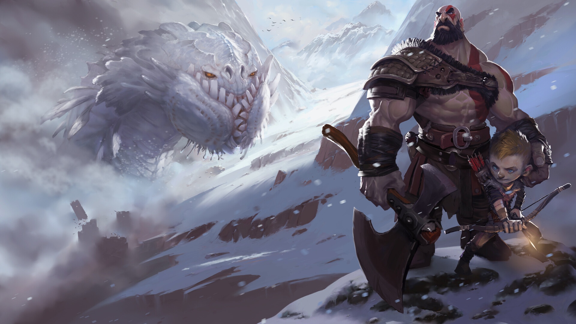 desktop Images kratos (god of war), video game, god of war (2018), atreus (god of war), creature, warrior, god of war