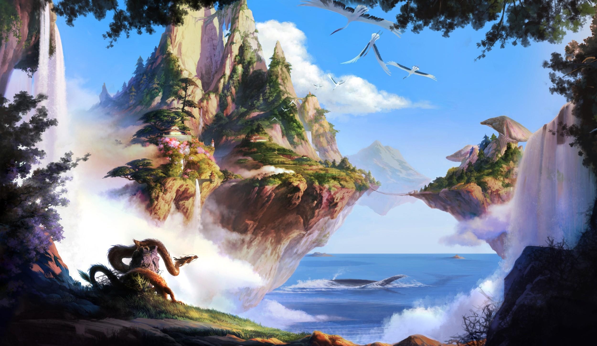 fantasy, waterfall, trees, sky, sea, islands