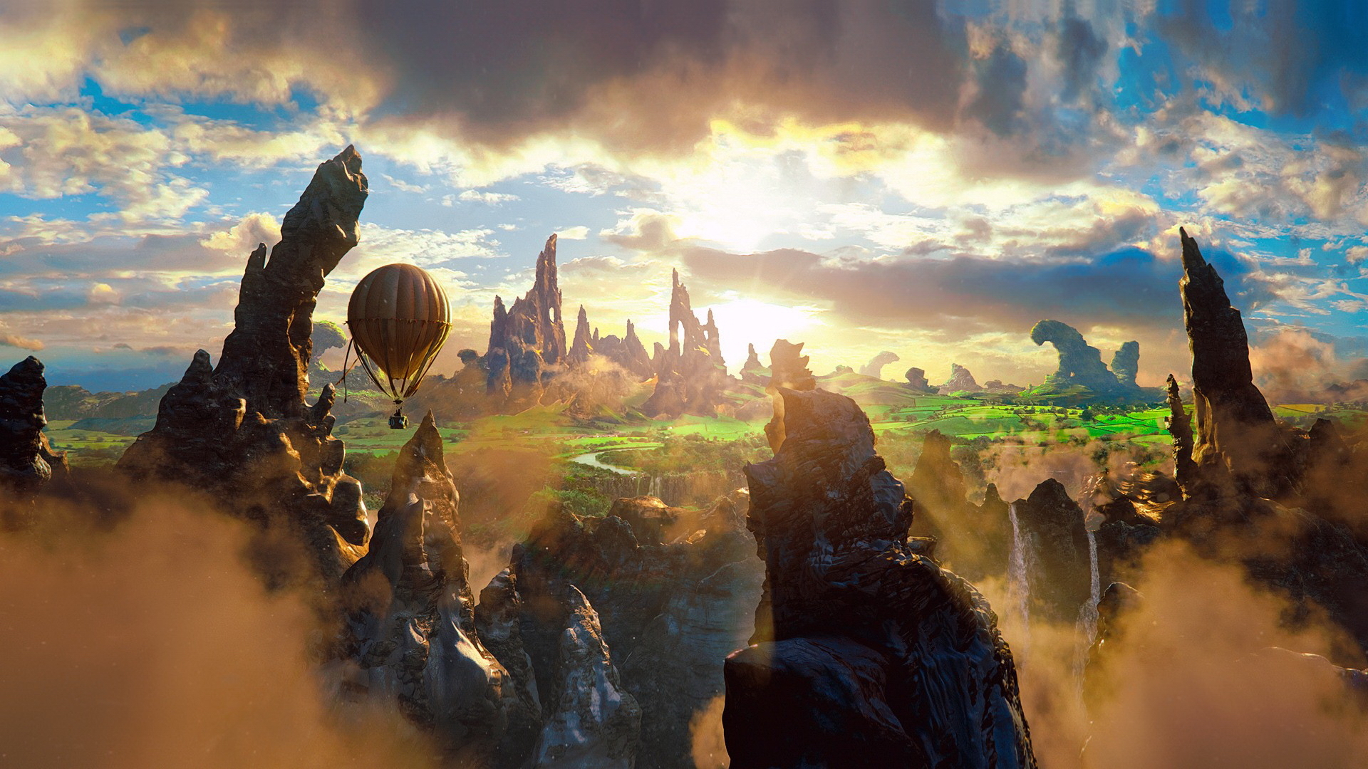 fantasy, landscape, mountains, balloons HD for desktop 1080p