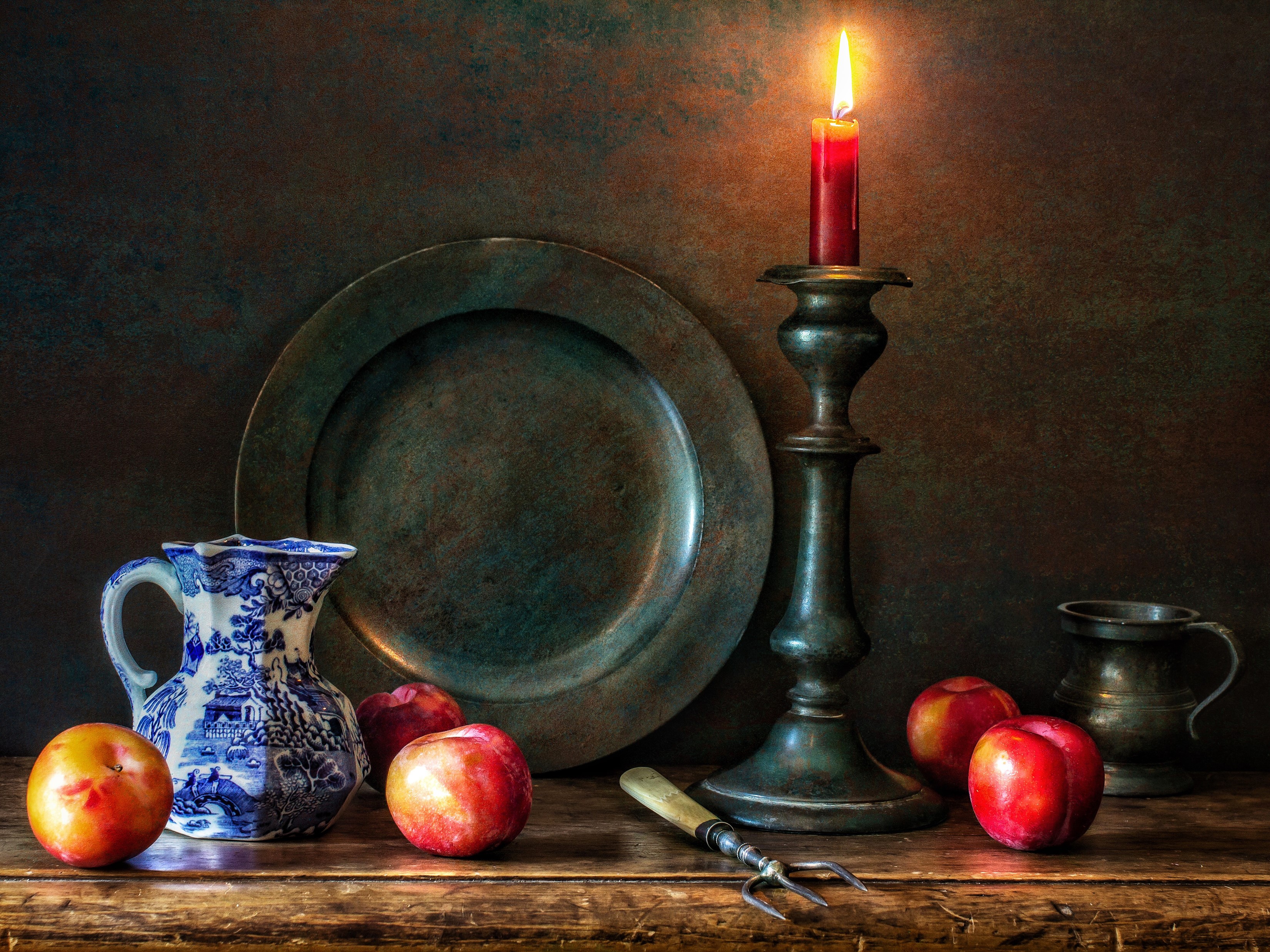 photography, still life, candle, nectarine, pitcher, plate