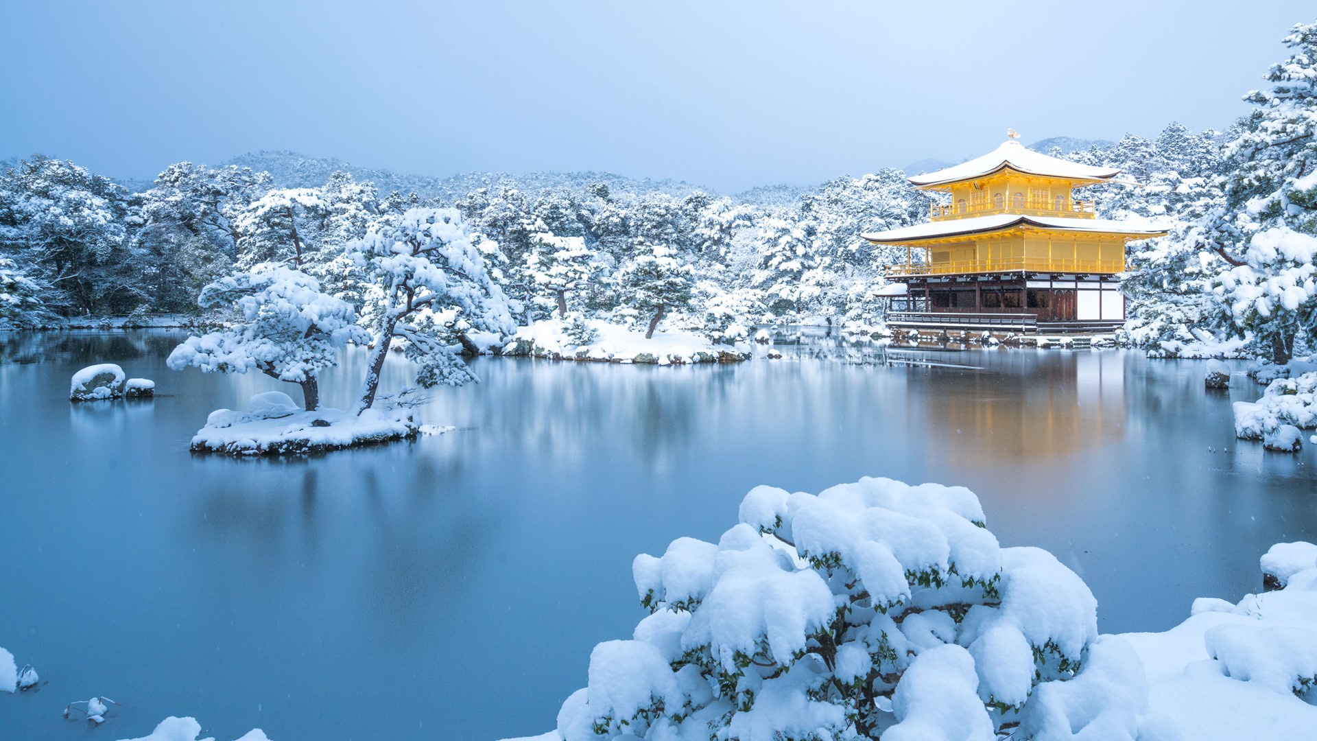 winter, religious, kinkaku ji, japan, kyoto, lake, snow, temple, temples