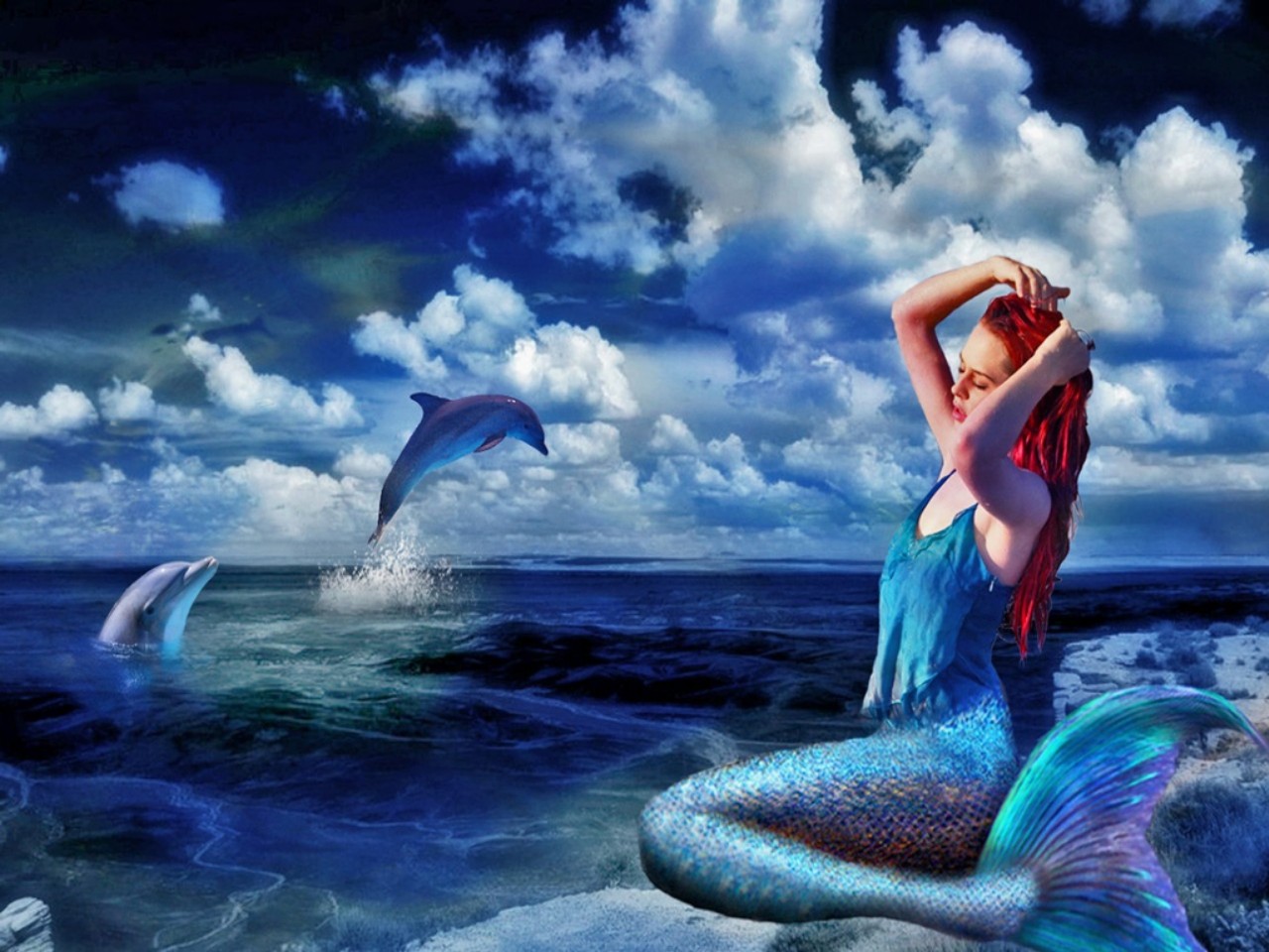 1439904 descargar fondo de pantalla fantasía, sirena, delfín, océano: protectores de pantalla e imágenes gratis