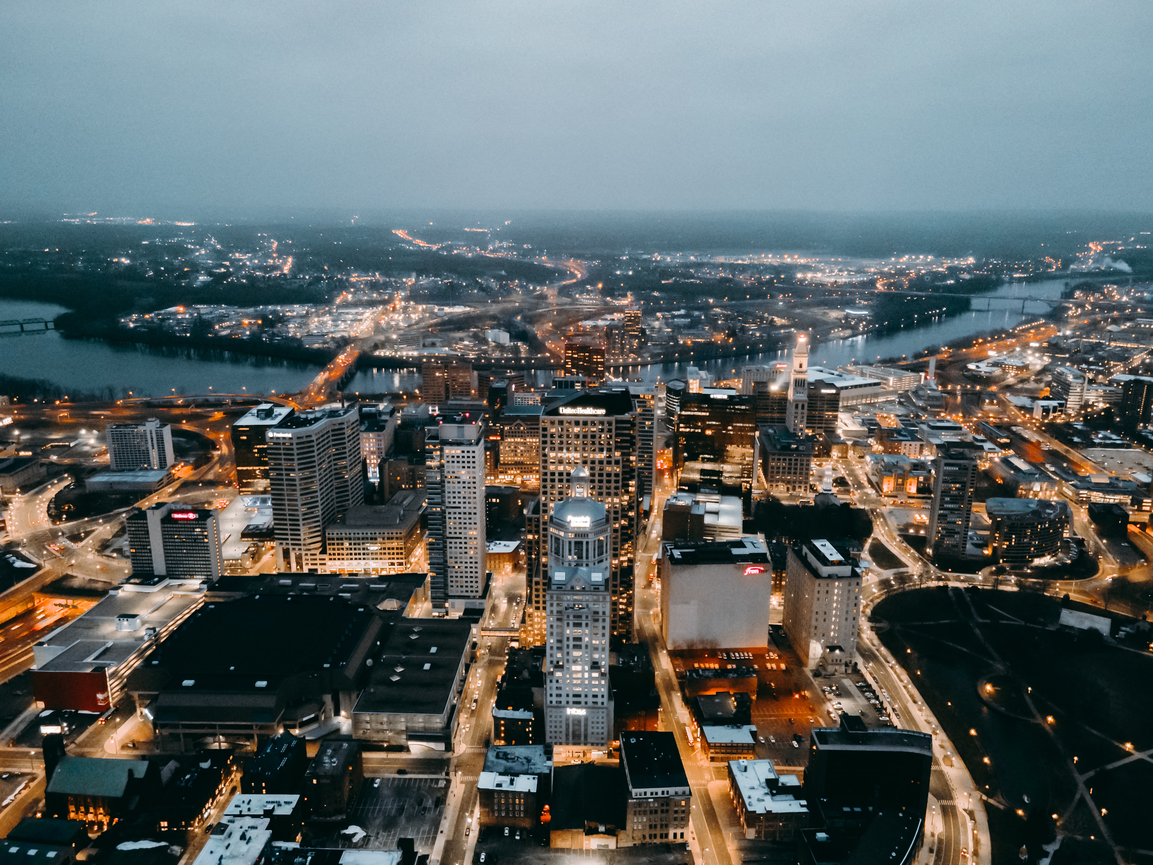 rivers, cities, city, building, lights, view from above, horizon 32K