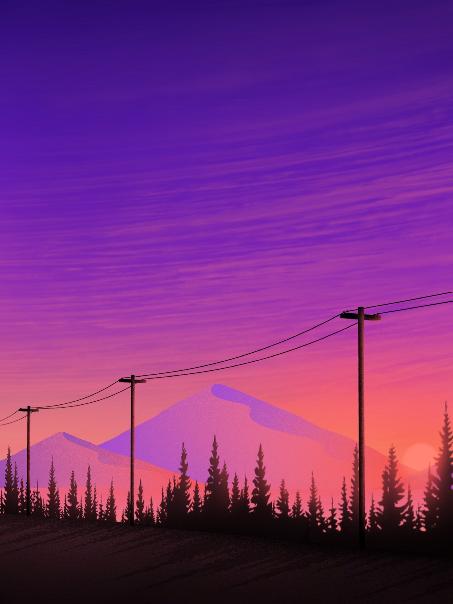 art, wires, purple, mountains, violet, wire Full HD