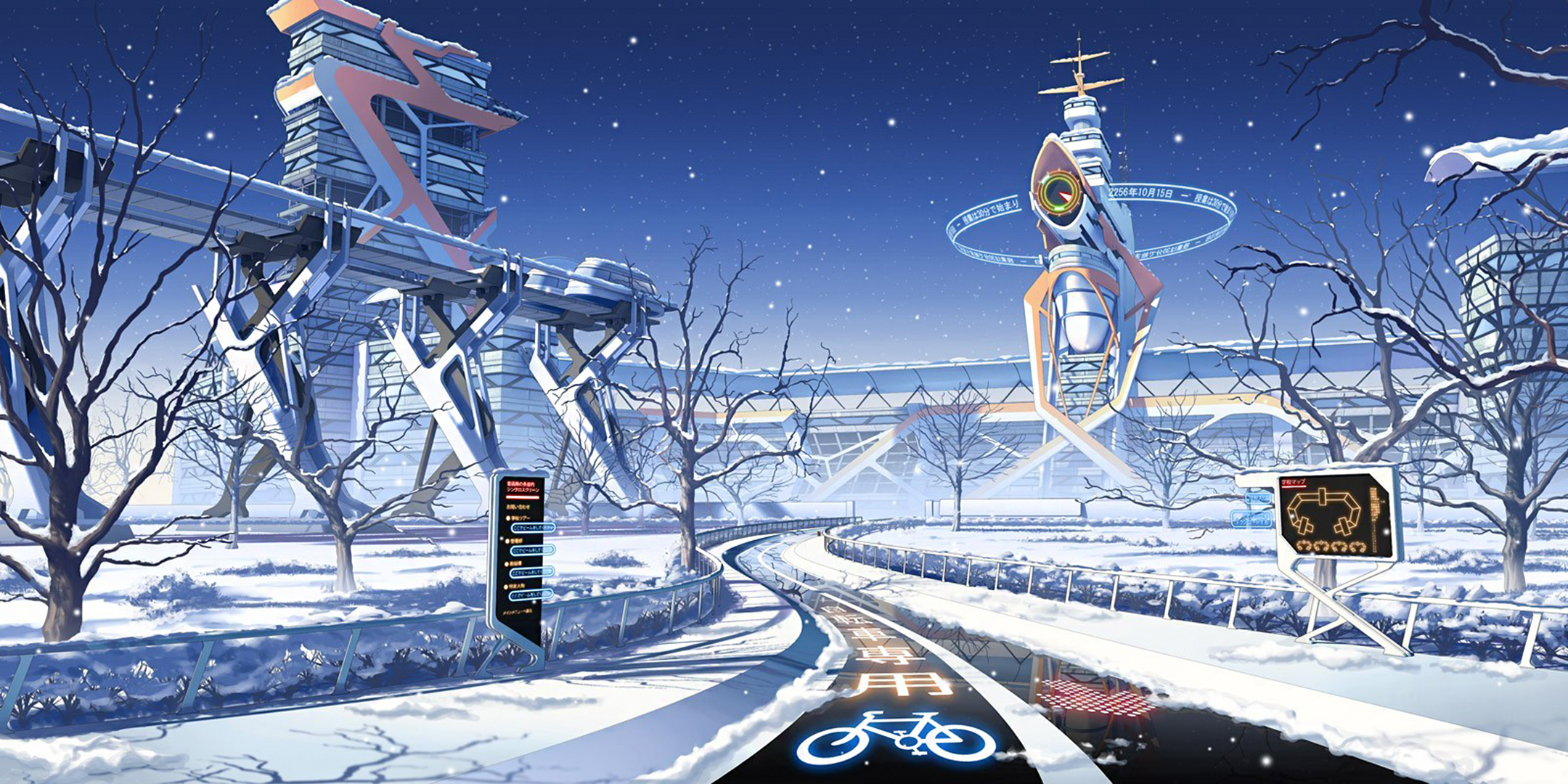 Download mobile wallpaper Anime, Landscape, Winter, Tree, Tower, Original, Futuristic City for free.