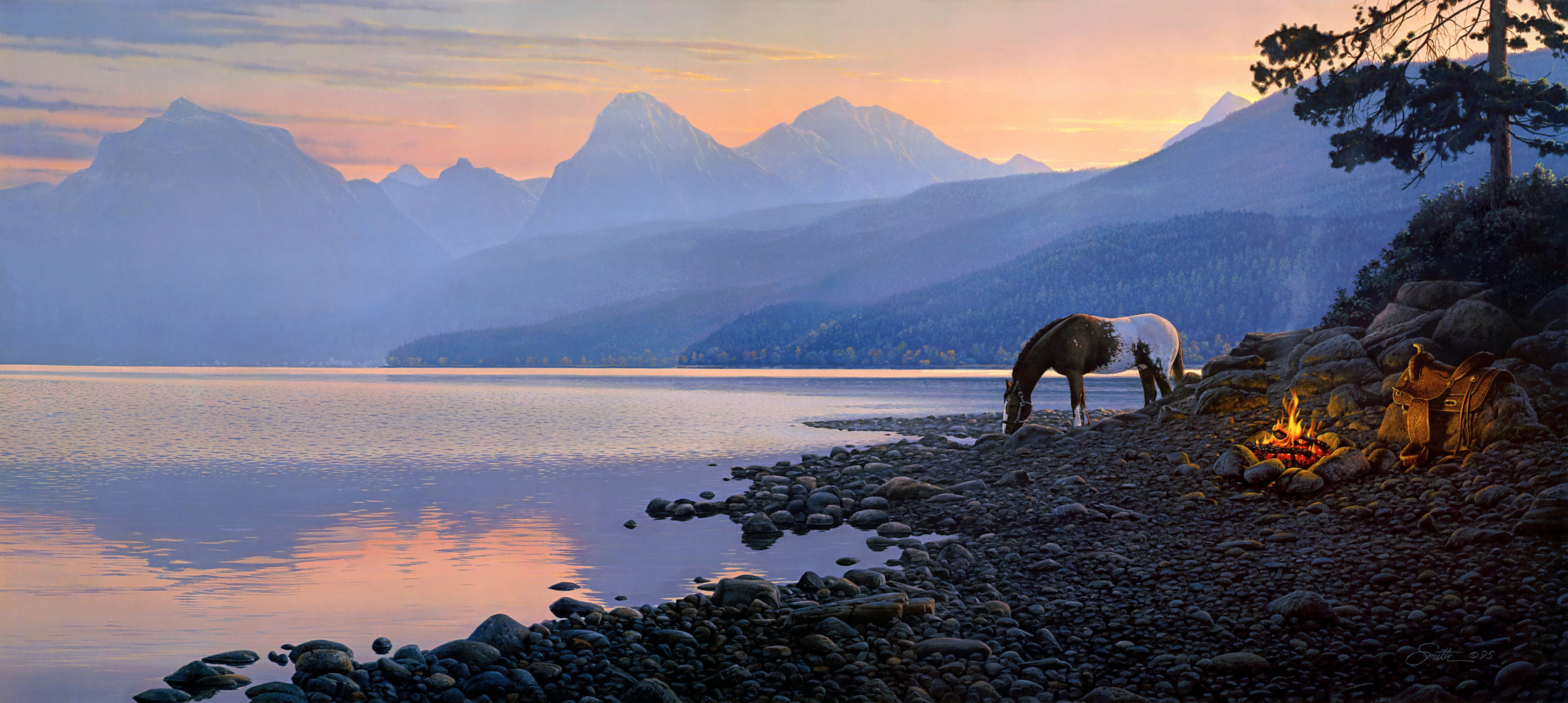 Download mobile wallpaper Sunset, Bonfire, Mountain, Lake, Fog, Animal, Horse, Pebbles for free.