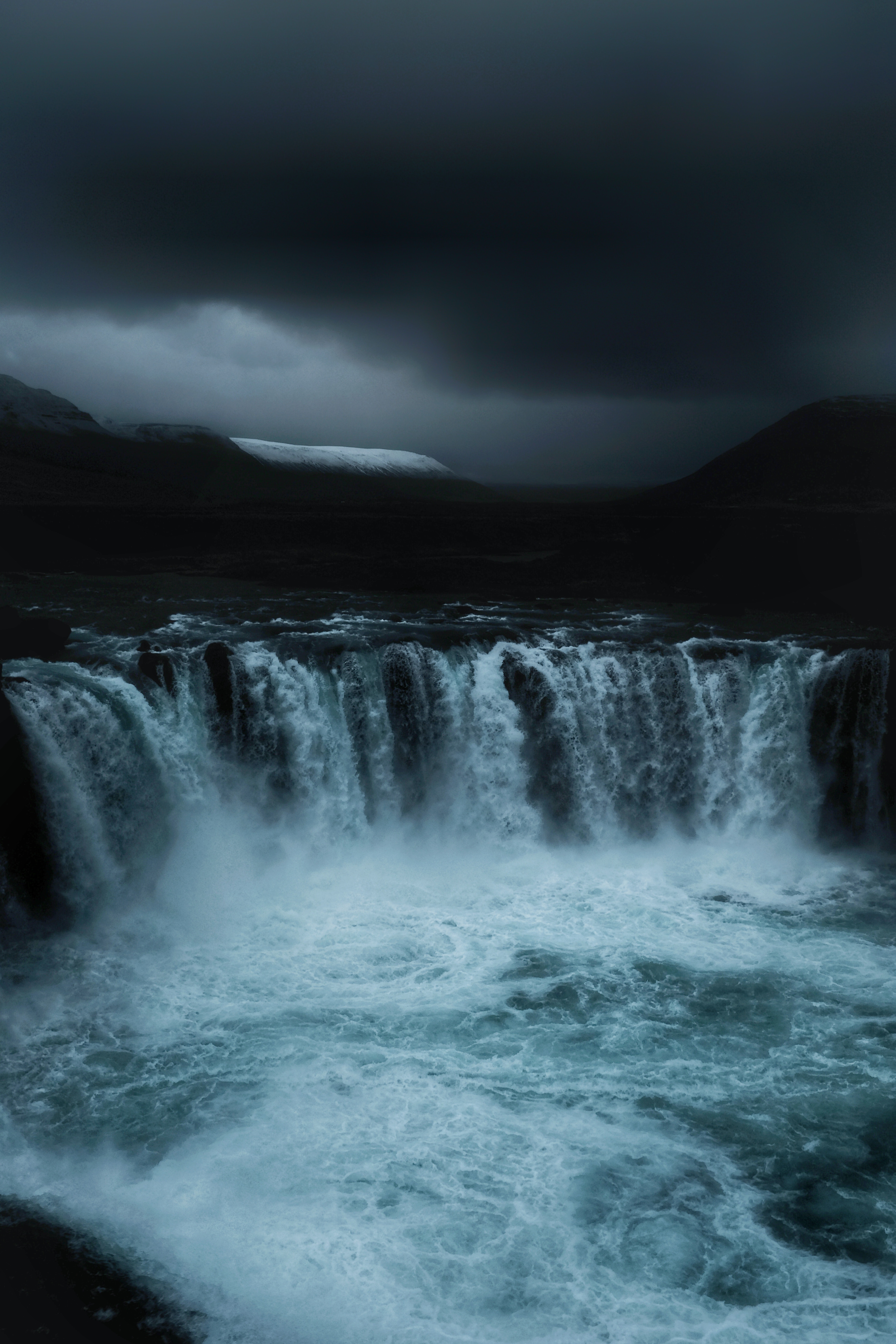 waterfall, nature, dark, fog, flow, mainly cloudy, overcast 4K