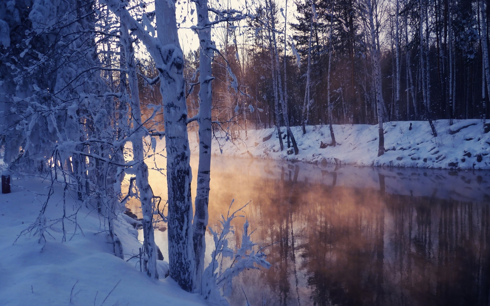 Скачать картинку Река, Деревья, Пейзаж, Снег в телефон бесплатно.